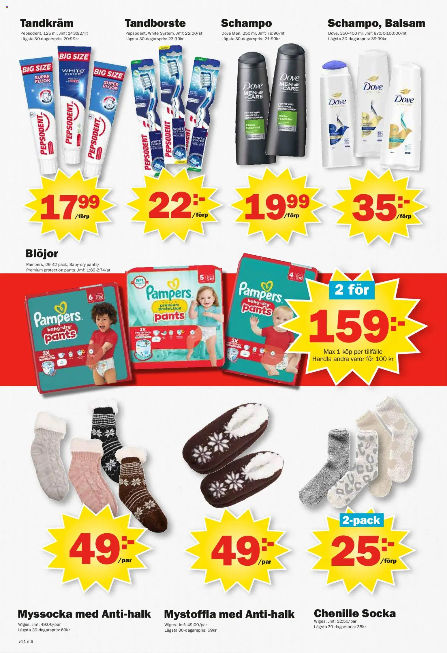 Pekås reklamblad aktuell från 09.03.2026 | Sida: 6 | Produkter: Schampo, Tandkräm, Tandborste, Blöjor
