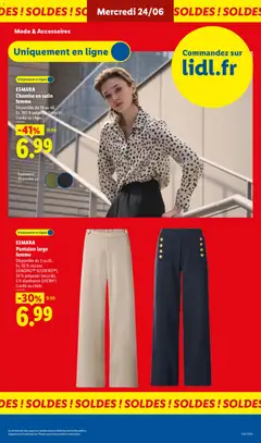 LIDL - Prévisualisation de ESMARA Pantalon large femme, Pantalon large femme. Disponible du S au XL. Ex. 65 % viscose (LENZING™ ECOVERO™), 30 % polyester (recyclé), 5 % élasthanne (LYCRA®). L'unité au choix. valide à partir de 25/06/2026 | Page: 41 | Produits: Chemise, Pantalon