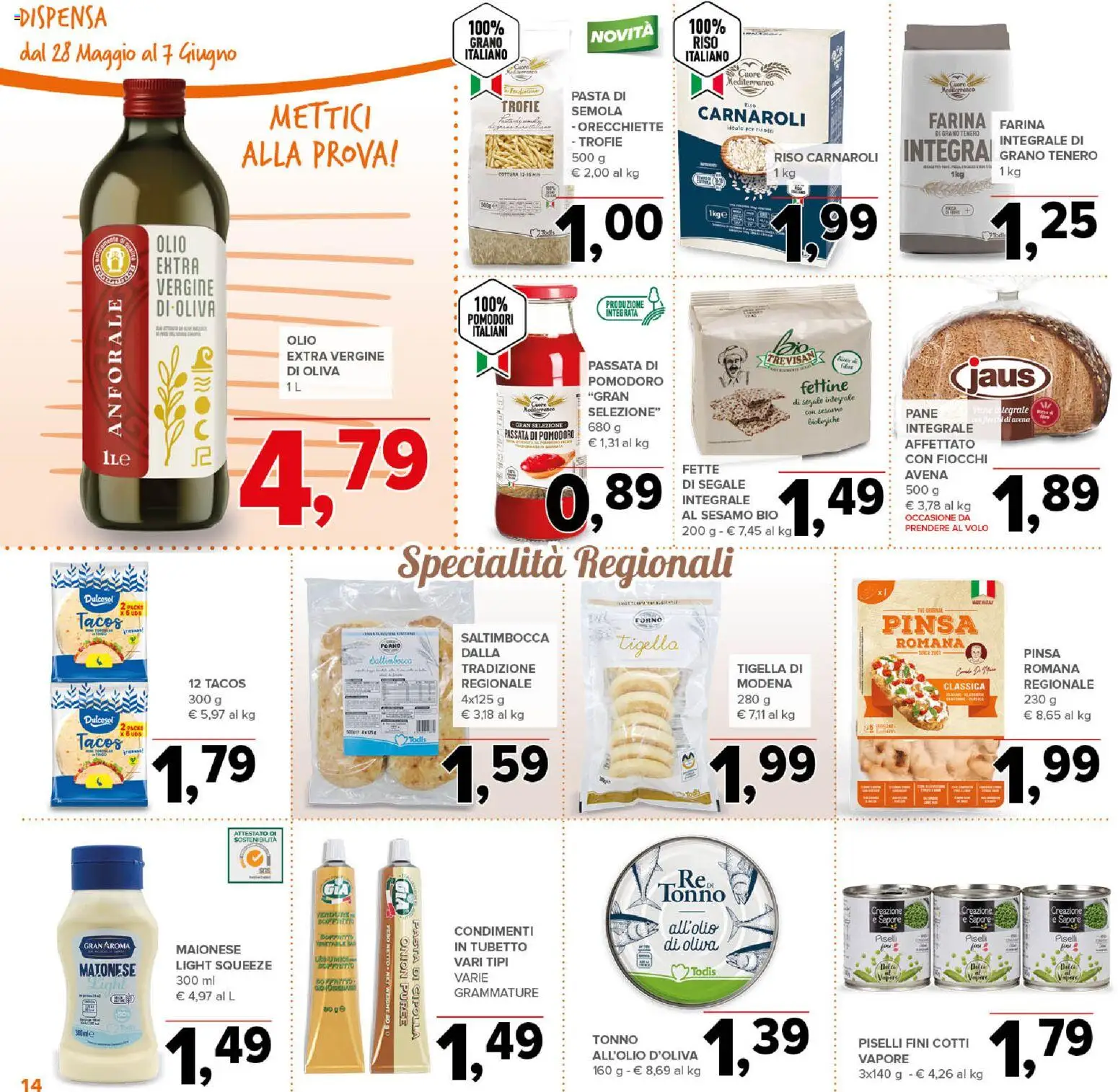 Volantino Todis del 28.05.2026 | Pagina: 14 | Prodotti: Pane, Fiocchi, Maionese, Farina