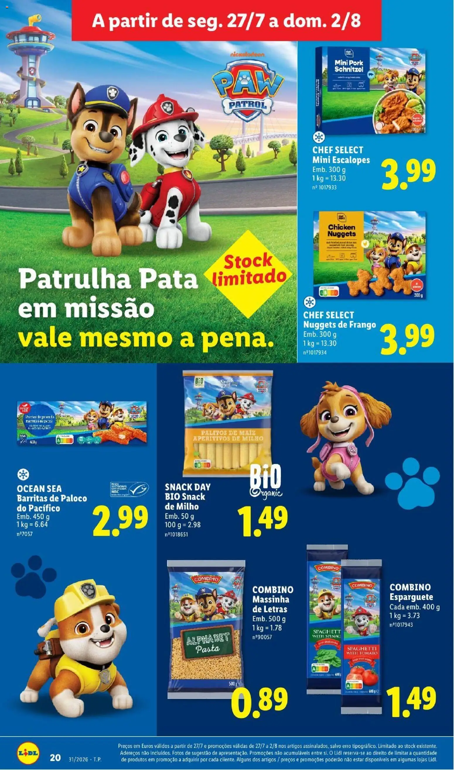 Lidl folheto │ válido de 27/07/2026 | Página: 20 | Produtos: Esparguete, Frango, Milho, Nuggets