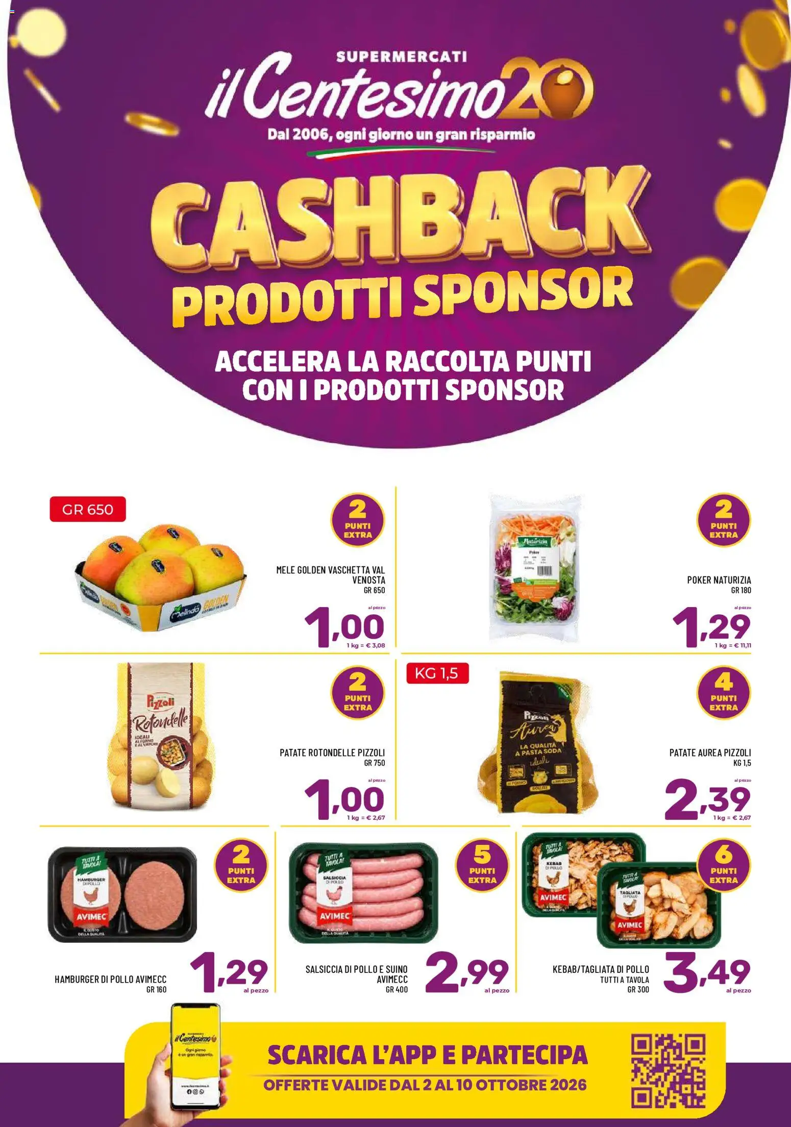 Volantino Il Centesimo del 02/10/2026 | Pagina: 1 | Prodotti: Pollo, Mele, Salsiccia, Hamburger