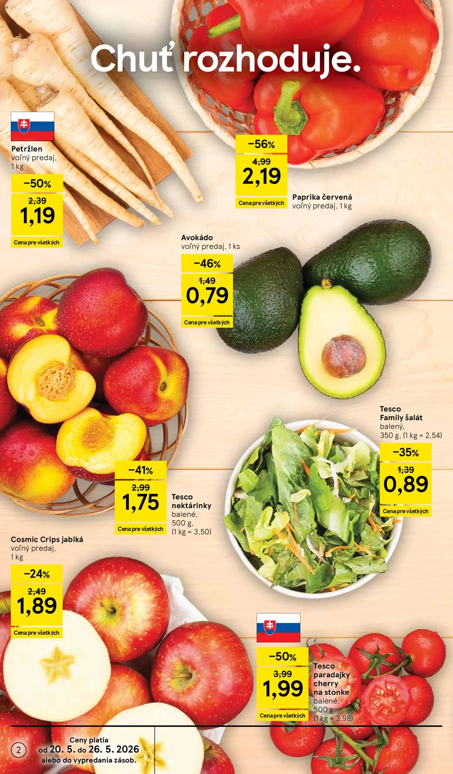 Nové Tesco akcie – leták je platný od 20.05.2026 | Strana: 2 | Produkty: Paprika, Paradajky, Avokádo, Petržlen