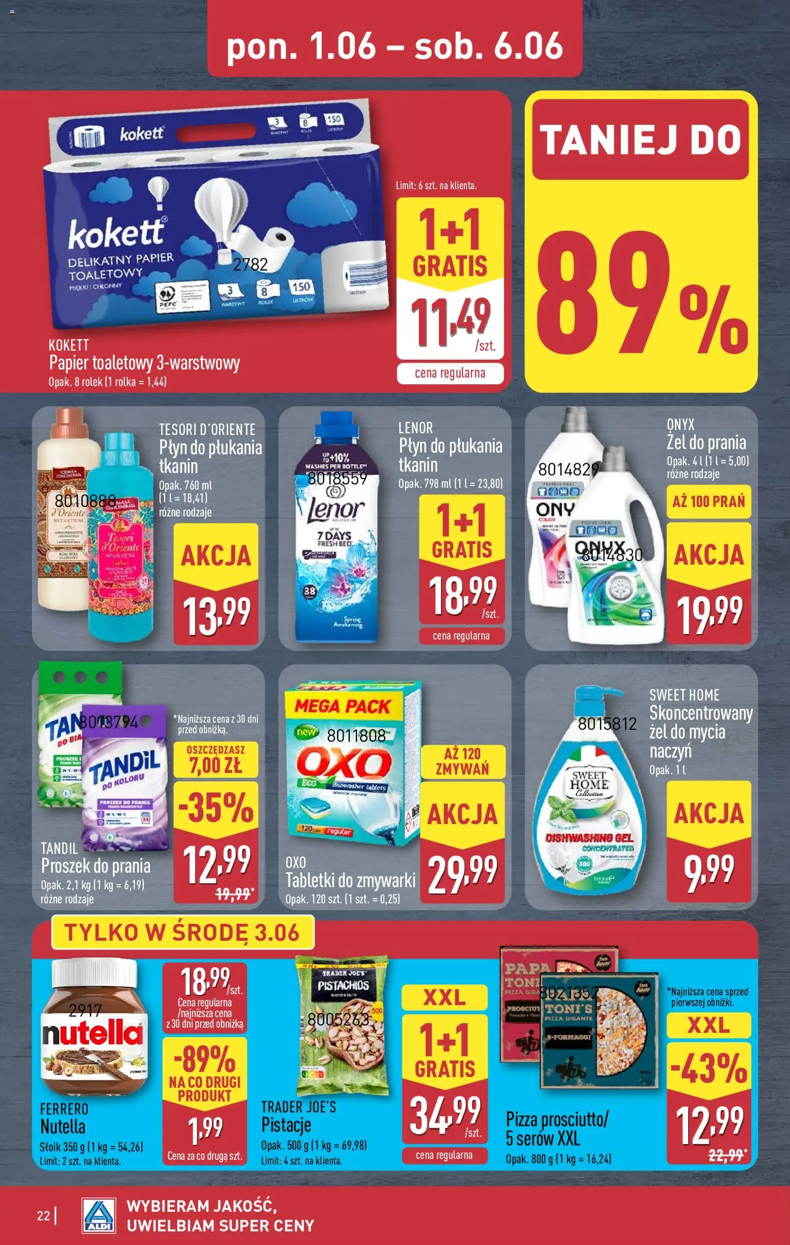 Aldi gazetka od 01.06.2026 | Strona: 22 | Produkty: Tesori d'oriente, Nutella, Pizza, Proszek do prania