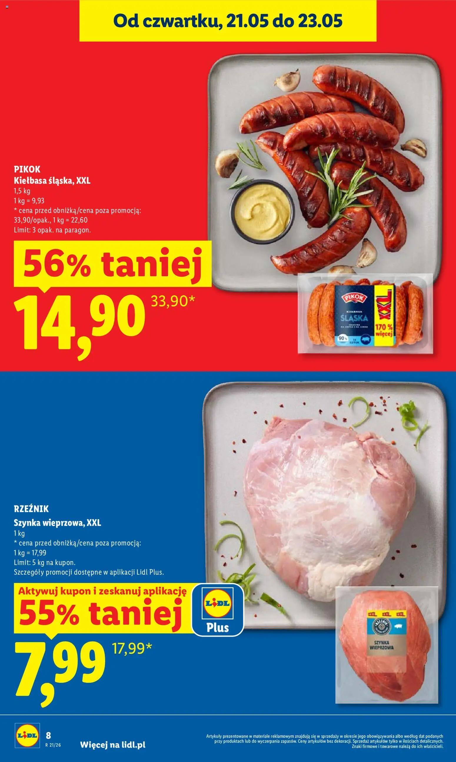 Lidl gazetka od 21.05.2026 | Strona: 8 | Produkty: Kiełbasa, Szynka wieprzowa, Szynka, Kiełbasa śląska