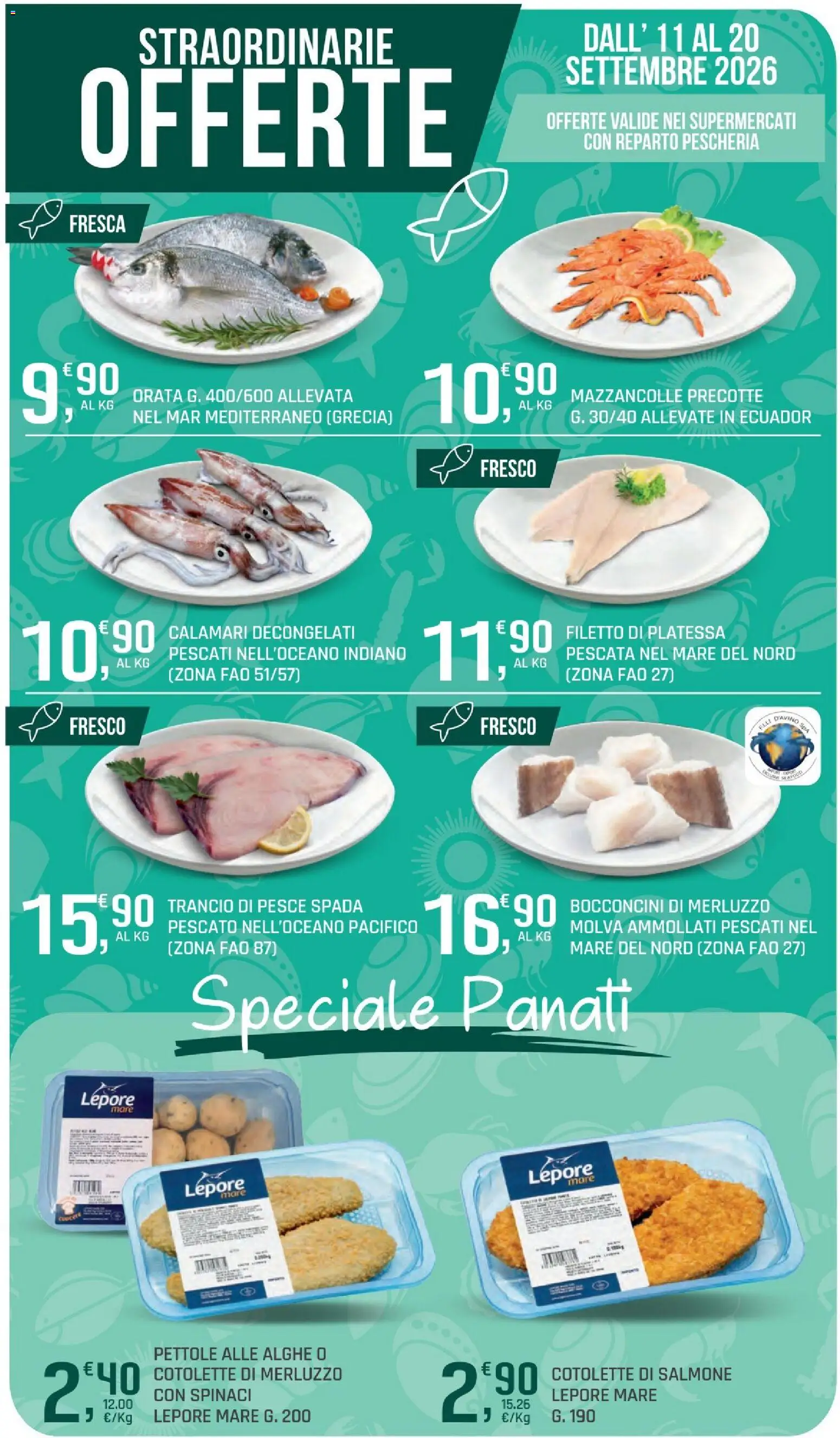 Volantino DOK del 11/09/2026 | Pagina: 21 | Prodotti: Merluzzo, Calamari, Spinaci, Pesce spada