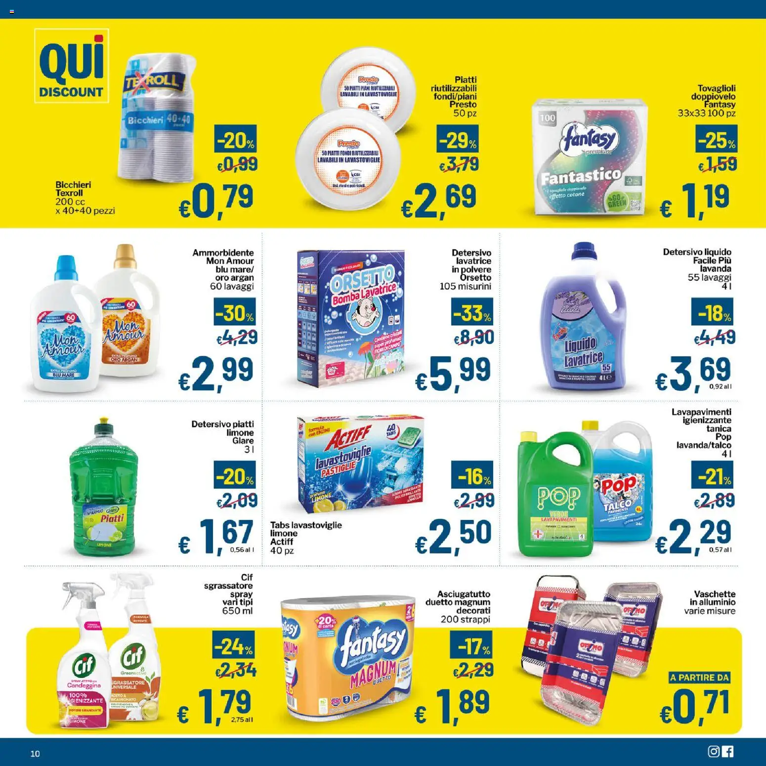 Volantino Qui Discount del 11/08/2026 | Pagina: 10 | Prodotti: Ammorbidente, Talco, Limone, Vaschette