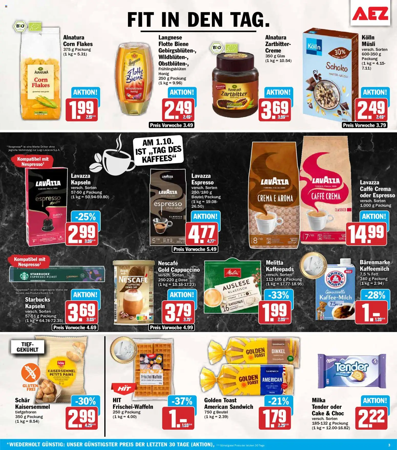 AEZ Prospekt – gültig ab 28.09.2026 | Seite: 3 | Produkte: Melitta, Lavazza, Langnese, Kaffeepads