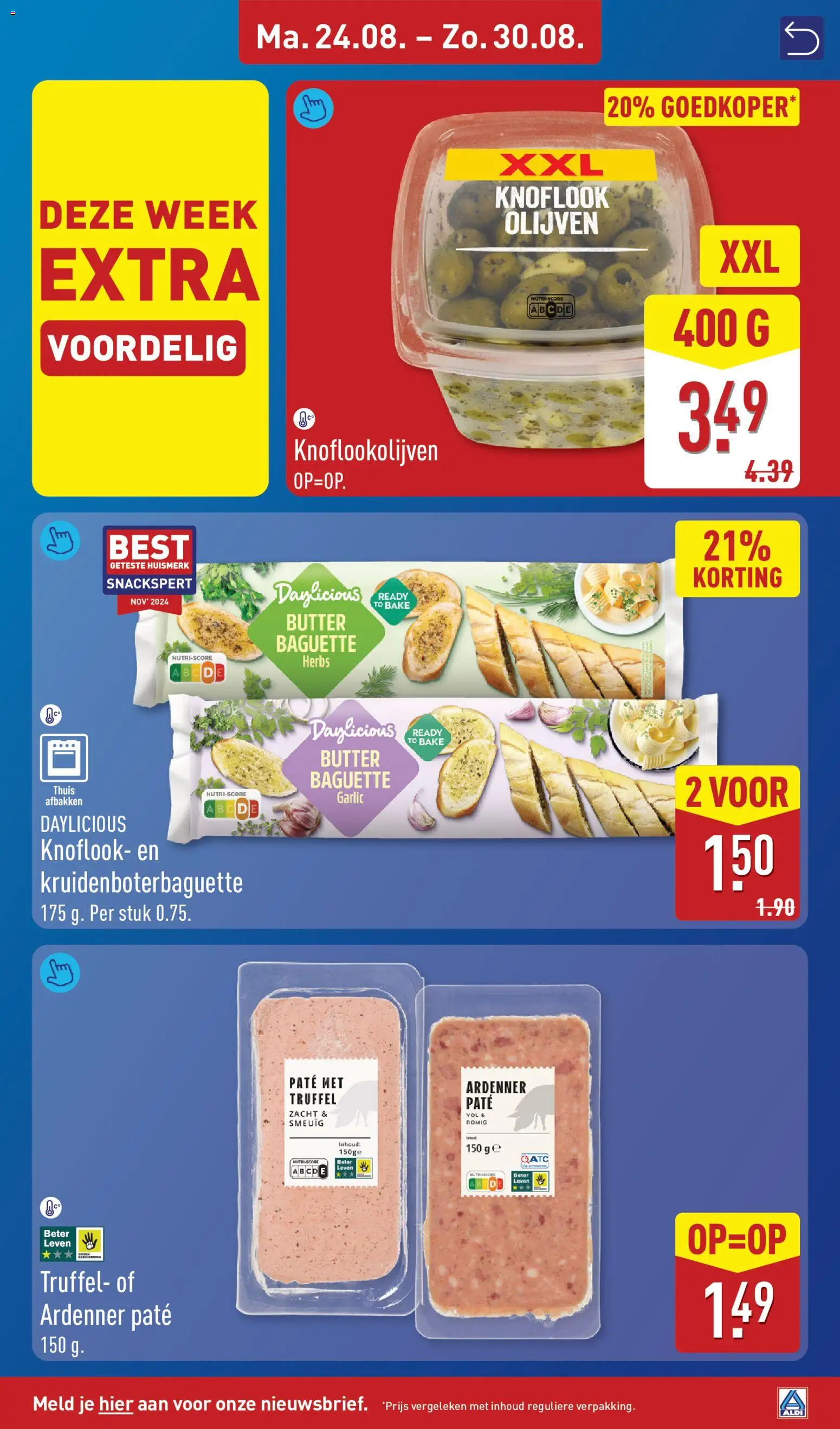 {H1} | Pagina: 13 | Producten: Baguette, Pâté, Olijven, Knoflook