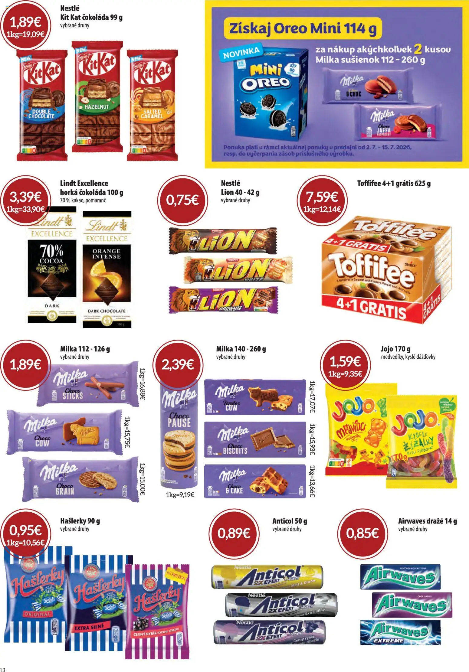 Nové CBA Verex akcie – leták je platný od 02.07.2026 | Strana: 13 | Produkty: Ríbezle, Lindt, Čokoláda, Toffifee