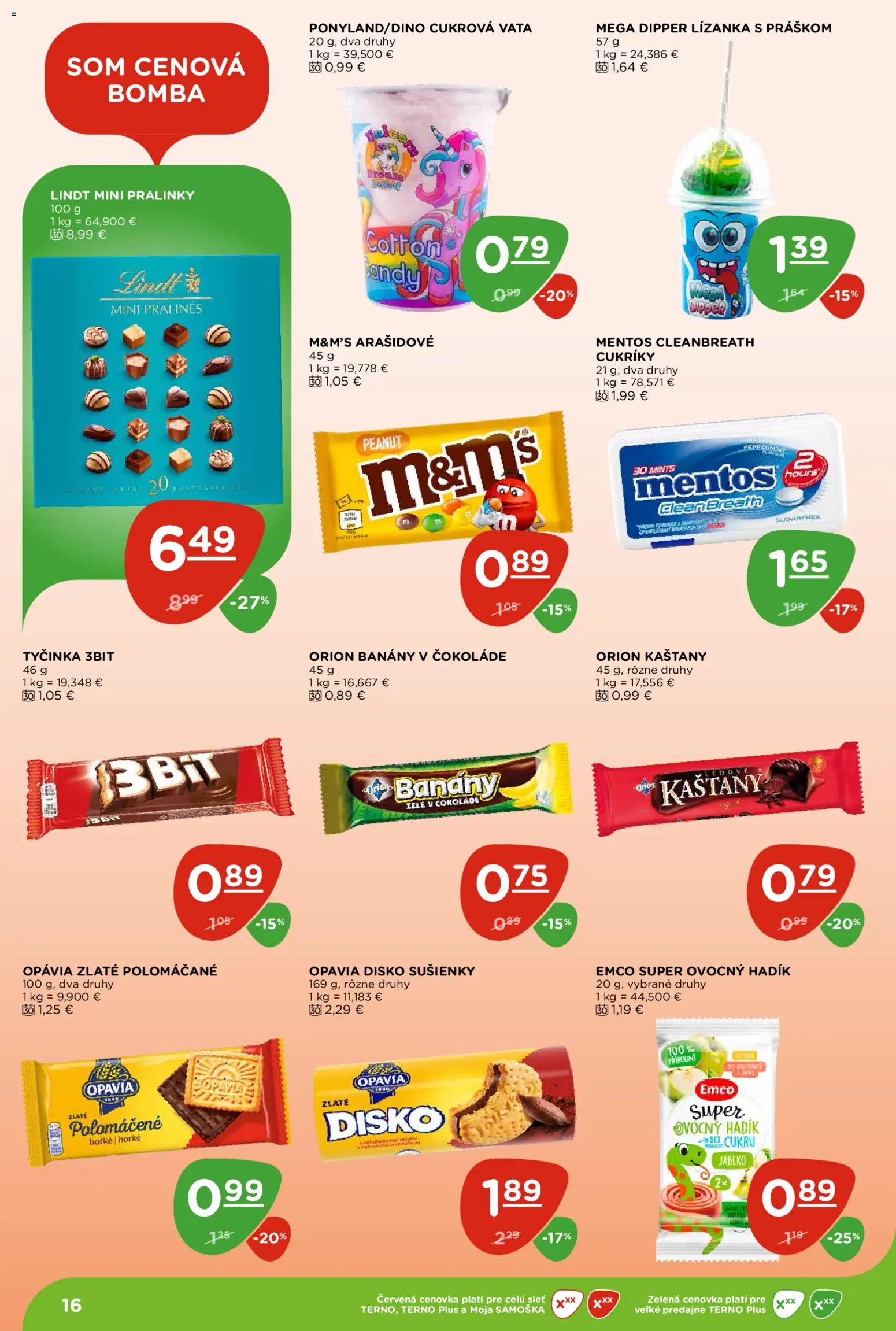 Nové Terno akcie – leták je platný od 27.08.2026 | Strana: 16 | Produkty: Banány, Sušienky, Lindt, Cukríky