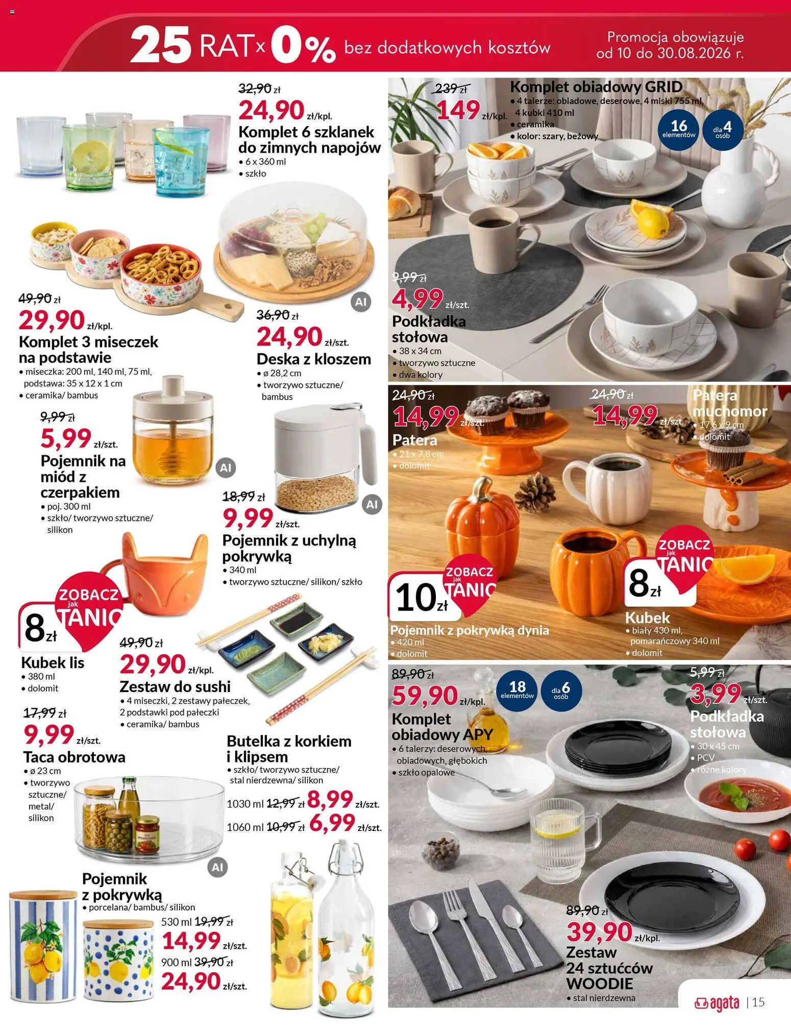Salony Agata gazetka od 10.08.2026 | Strona: 15 | Produkty: Miód, Zestaw do sushi, Talerze, Sushi