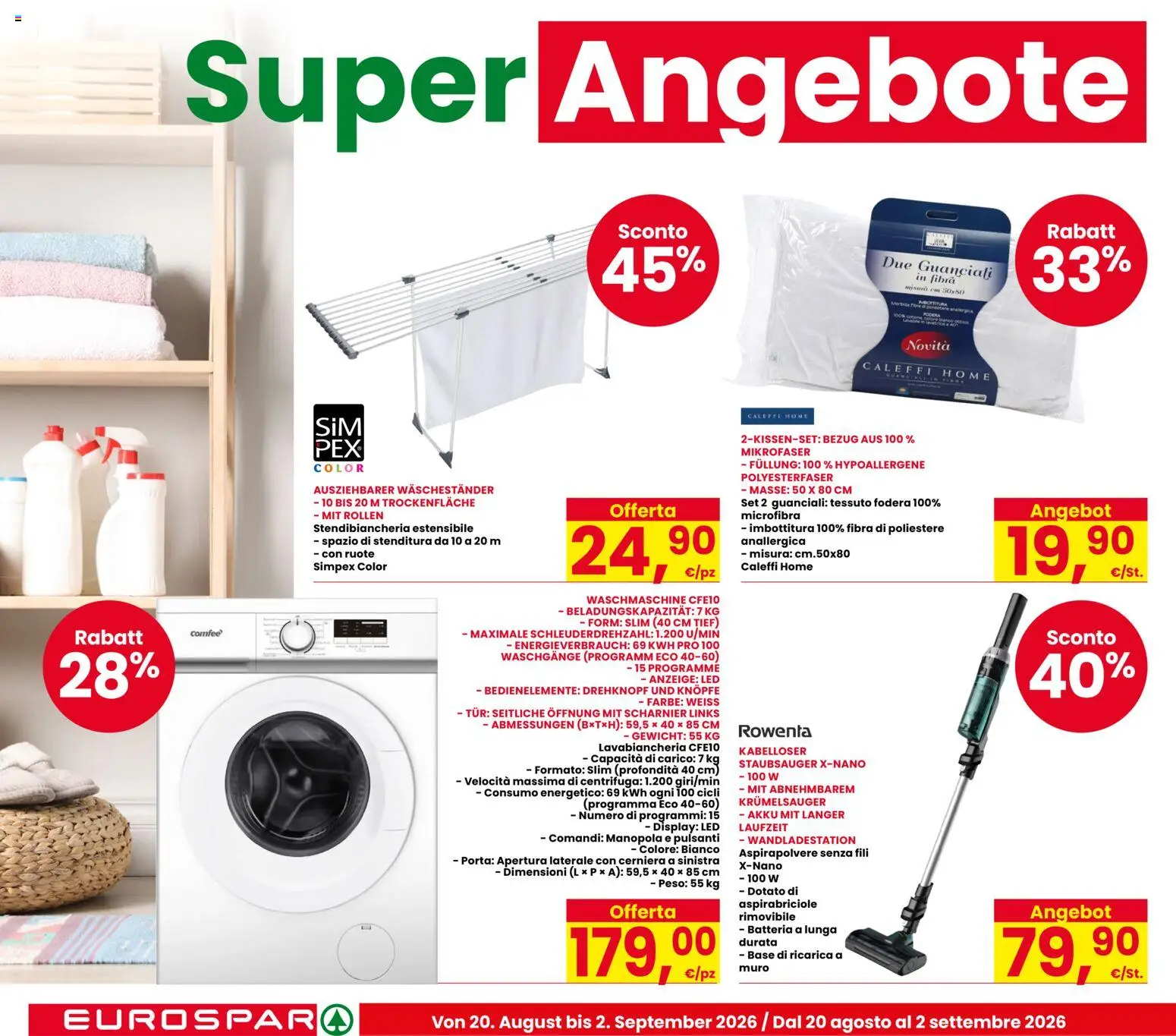 Volantino Eurospar del 20/08/2026 | Pagina: 10 | Prodotti: Centrifuga, Aspirapolvere senza fili, Stendibiancheria, Batteria
