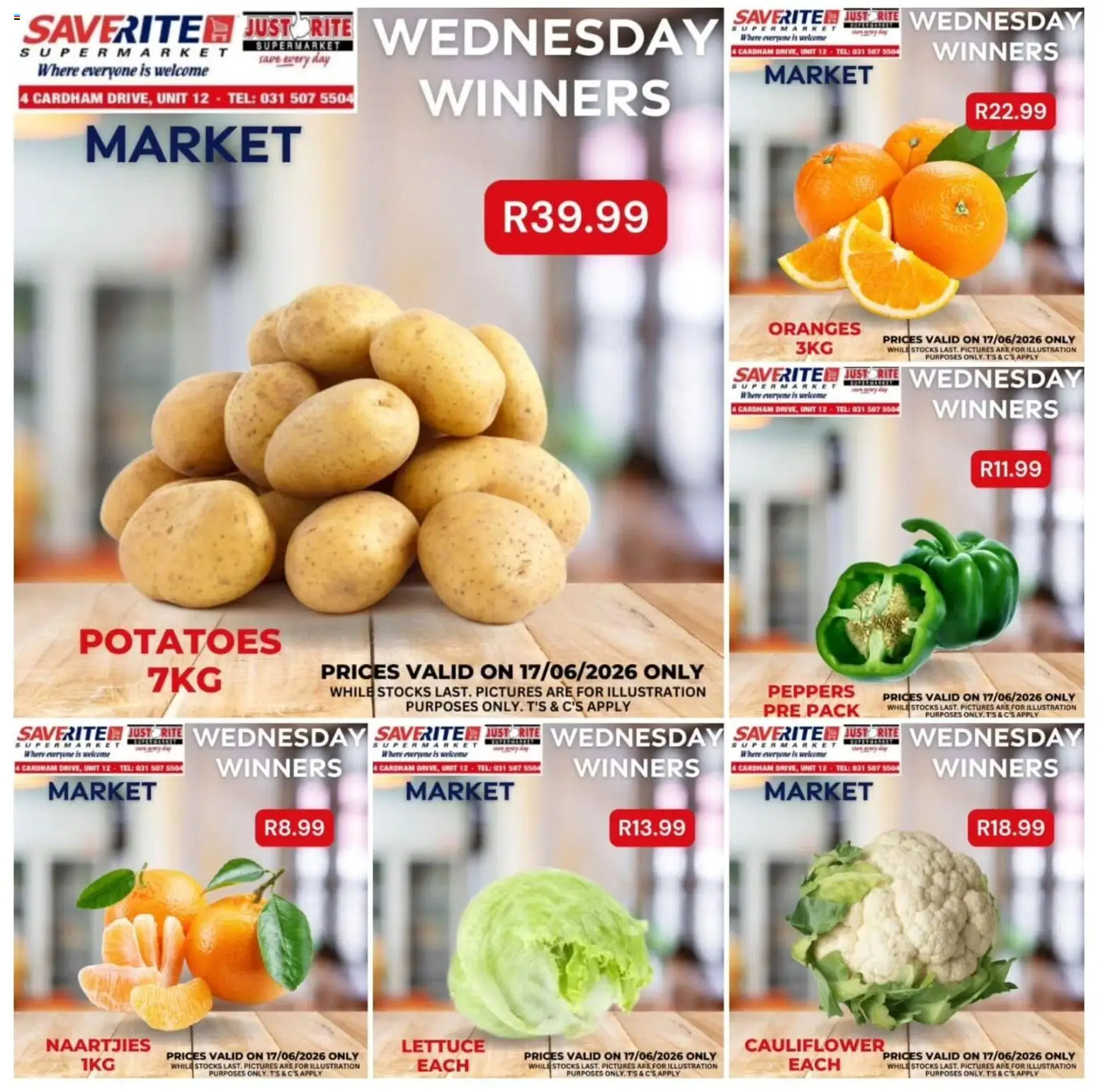 New Saverite catalogue – valid from 17.06.2026 | Page: 1 | Products: Cauliflower, Oranges, Potatoes, Lettuce