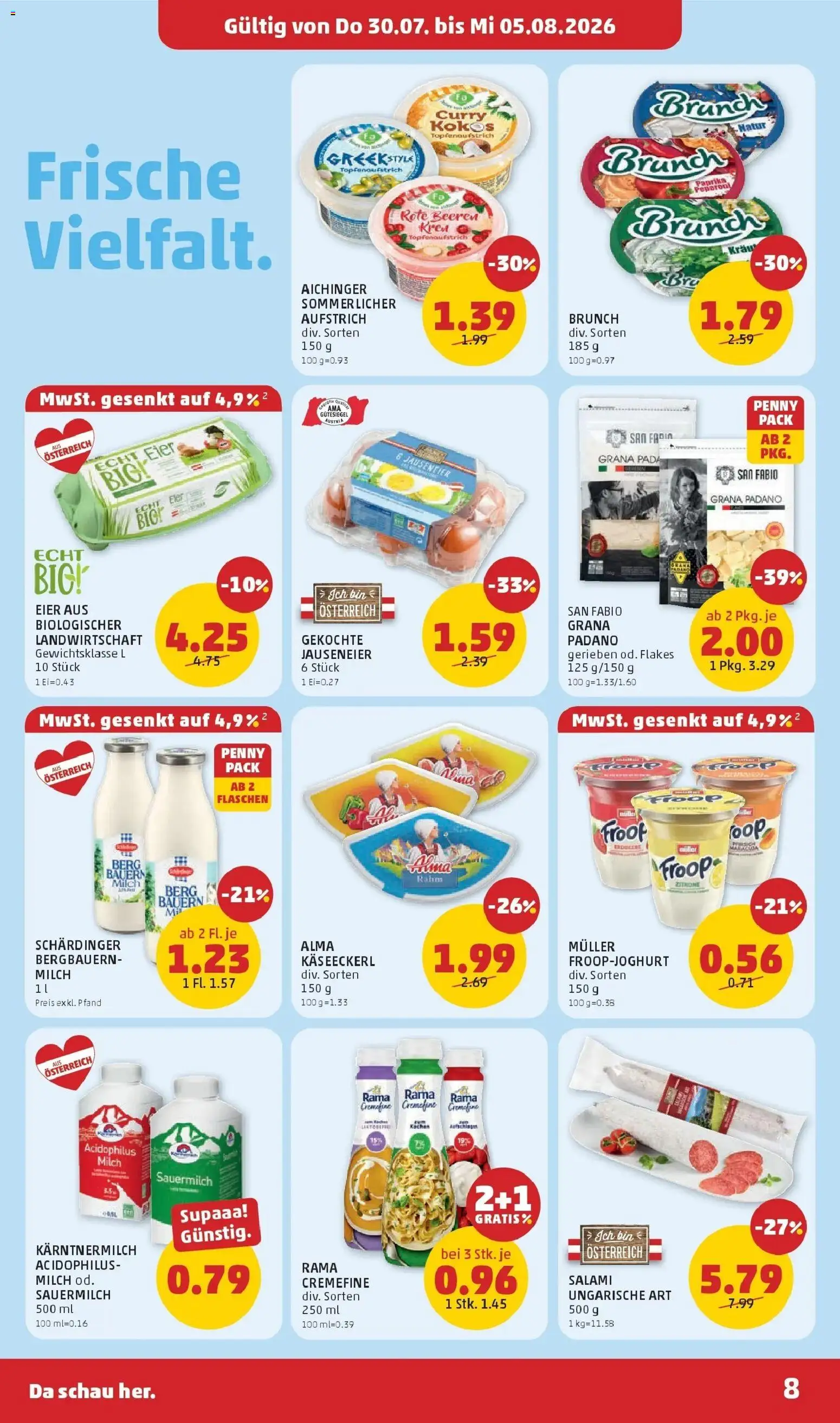 Penny Markt Die ganze Woche sparen - Wien gültig ab 30.07.2026 | Seite: 8 | Produkte: Milch, Eier, Salami