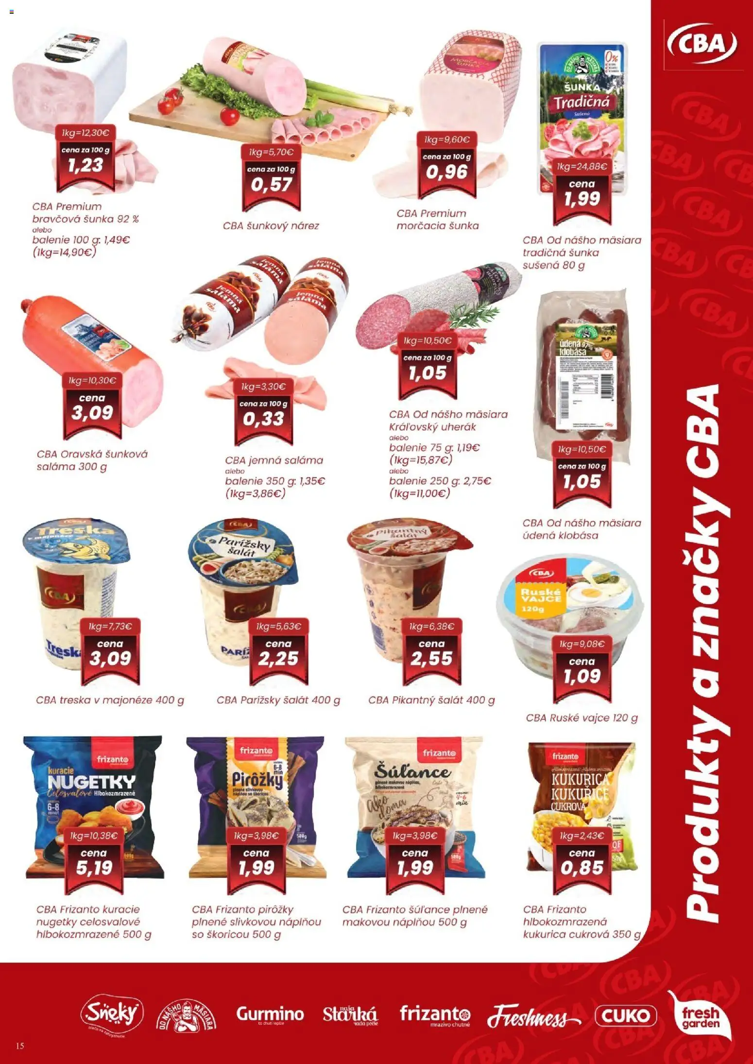 Nové CBA Komfos akcie – leták je platný od 07.05.2026 | Strana: 14 | Produkty: Saláma, Šunka, Šalát, Treska