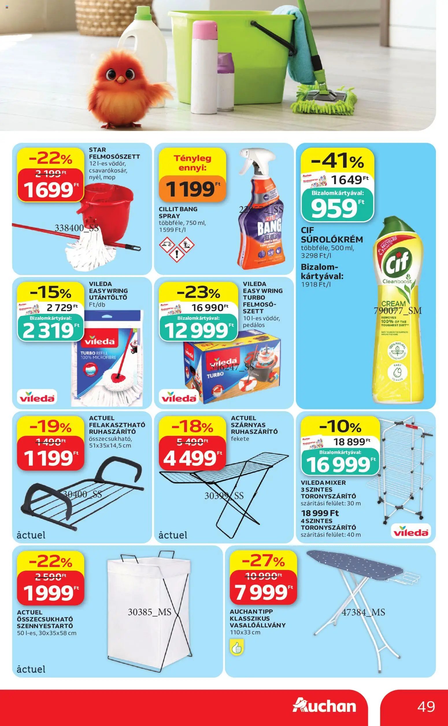 Auchan akciós ujság - amely érvényes a következő dátumtól: 2026.07.16. | Oldal: 49 | Termékek: Cillit Bang, Utántöltő, Vasalóállvány, Szennyestartó