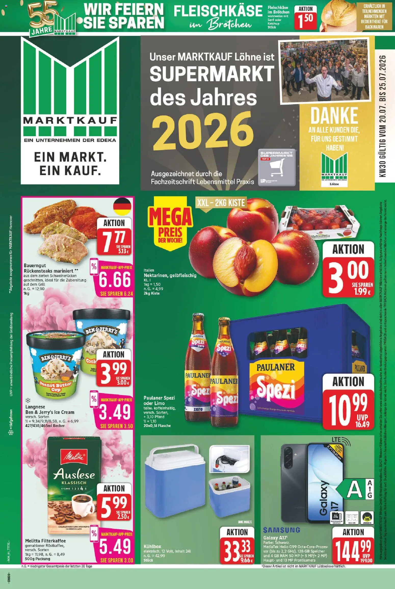 Marktkauf Prospekt – gültig ab 20.07.2026 | Seite: 1 | Produkte: Grill, Langnese, Butter, Paulaner spezi