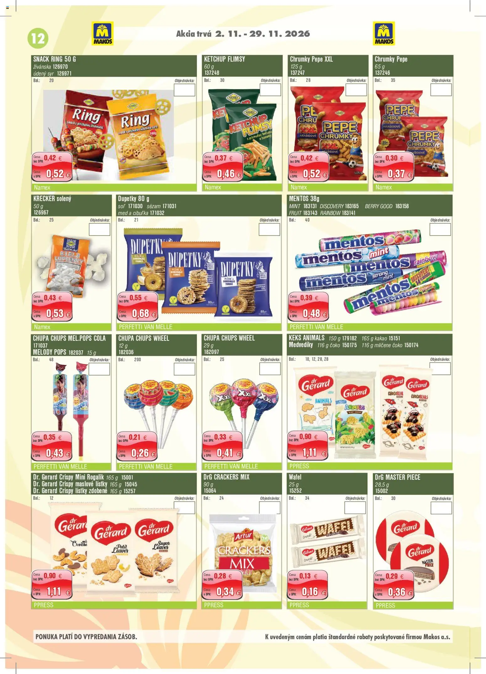 Nové Makos akcie – leták je platný od 02.11.2026 | Strana: 12 | Produkty: Syr, Soľ, Med, Cola