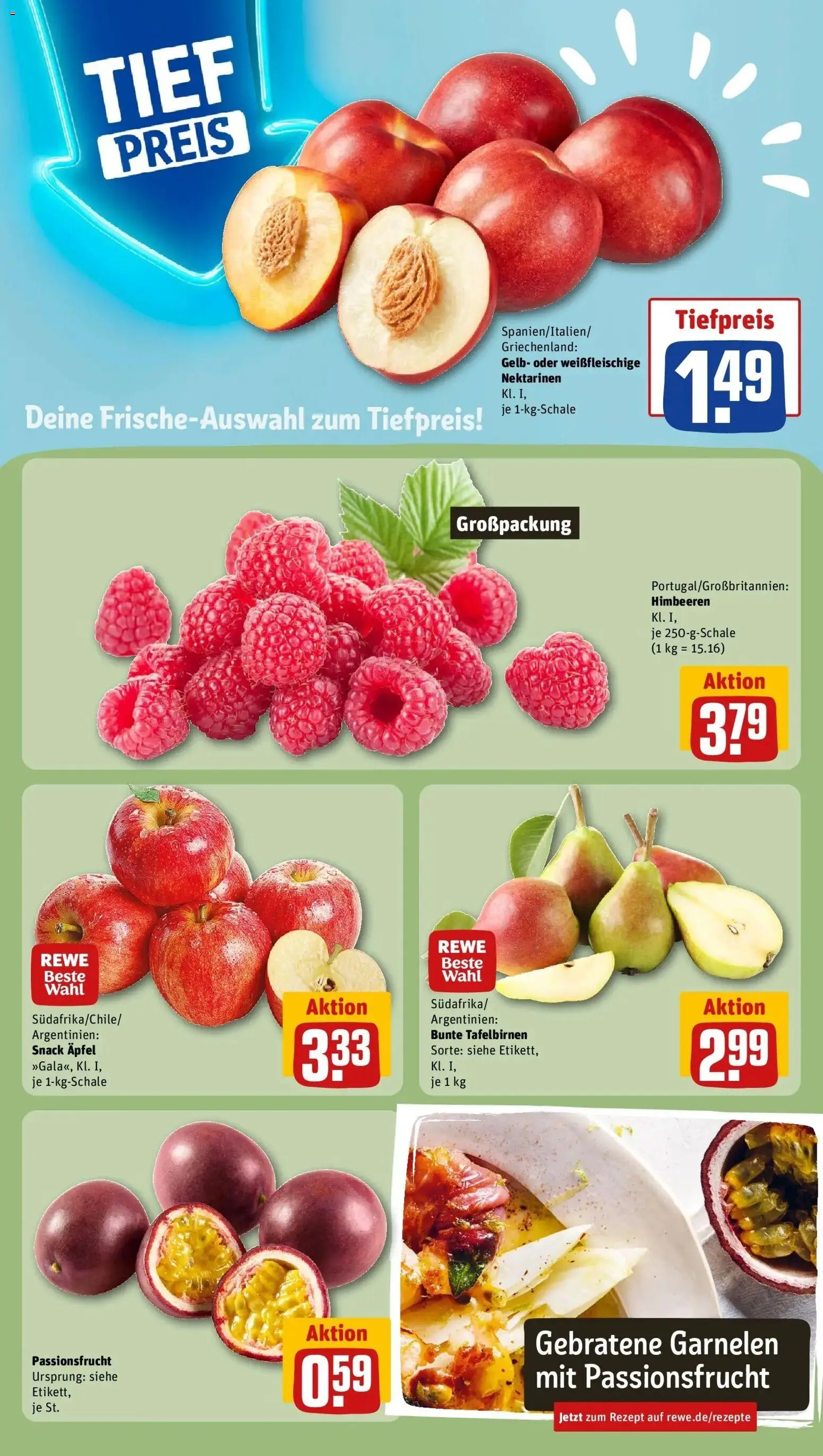 REWE Prospekt ab 10.08.2026 zum Blättern » Angebote | Seite: 5 | Produkte: Himbeeren, Nektarinen, Äpfel, Garnelen