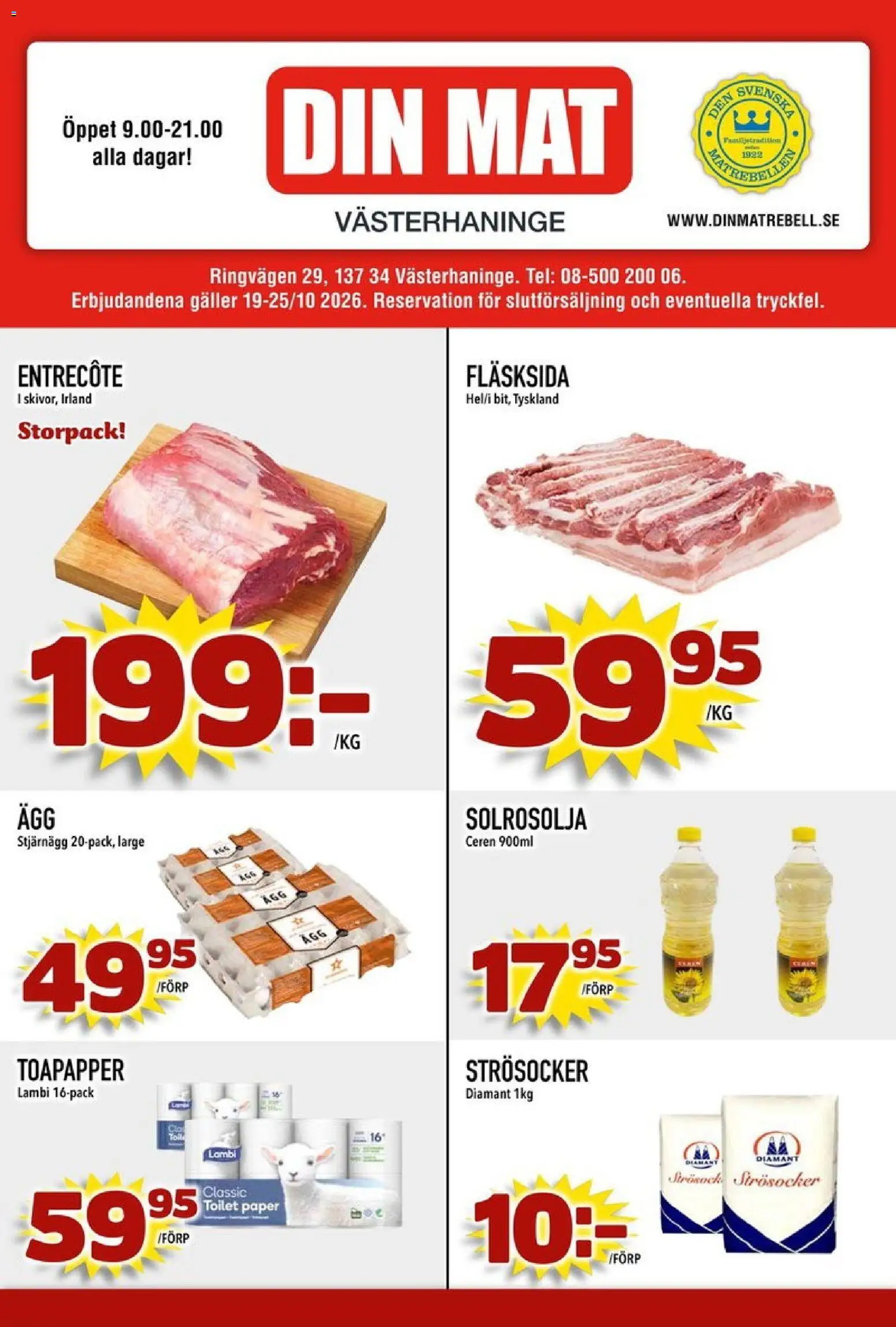 Din Mat reklamblad aktuell från 19/10/2026 | Sida: 1 | Produkter: Strösocker, Entrecote, Galler, Solrosolja