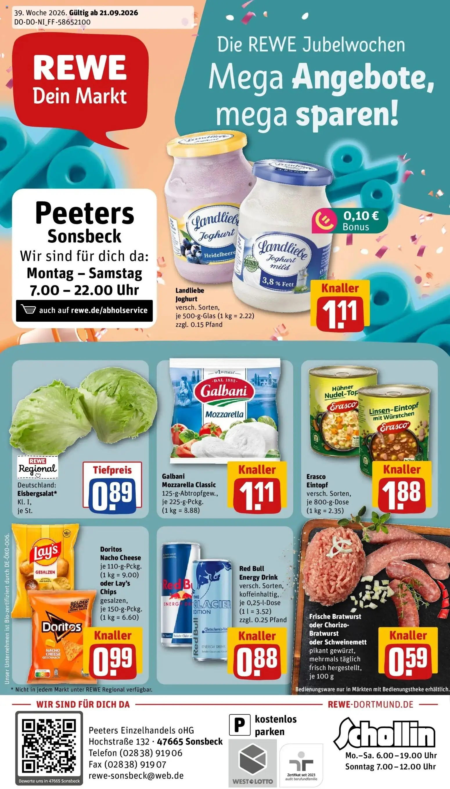 REWE Prospekt ab 21.09.2026 zum Blättern » Angebote | Seite: 1 | Produkte: Energy, Mozzarella, Bratwurst, Erasco