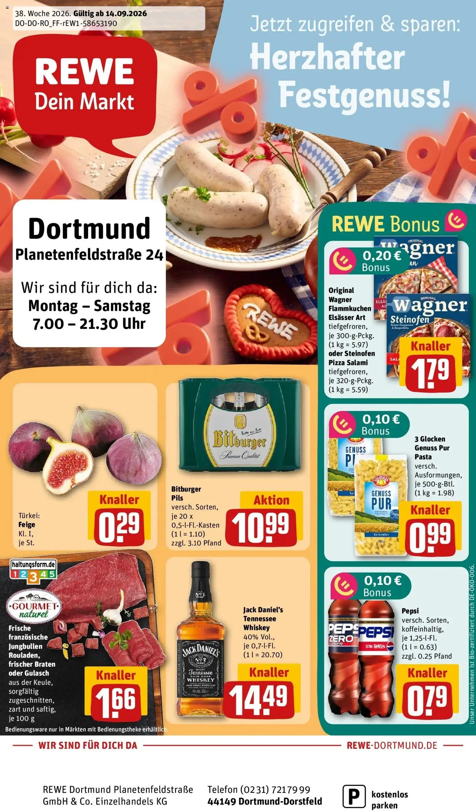 REWE Prospekt ab 14.09.2026 zum Blättern » Angebote | Seite: 1 | Produkte: Jack Daniel's, Pizza, Whiskey, Uhr
