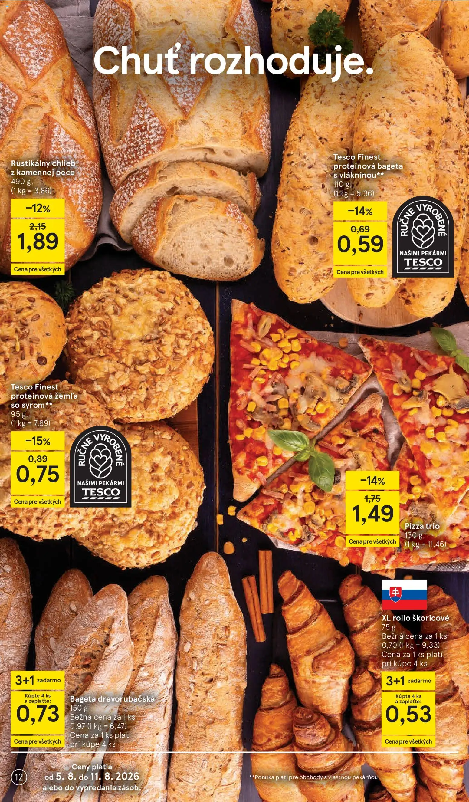 Nové Tesco akcie – leták je platný od 05.08.2026 | Strana: 12 | Produkty: Chlieb, Pizza, Bageta