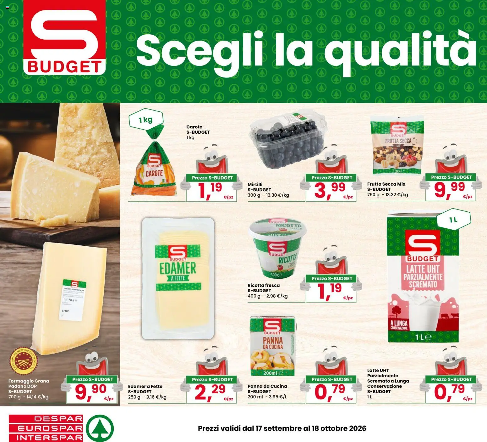 Volantino Despar del 17/09/2026 | Pagina: 2 | Prodotti: Frutta, Formaggio, Mirtilli, Panna da cucina
