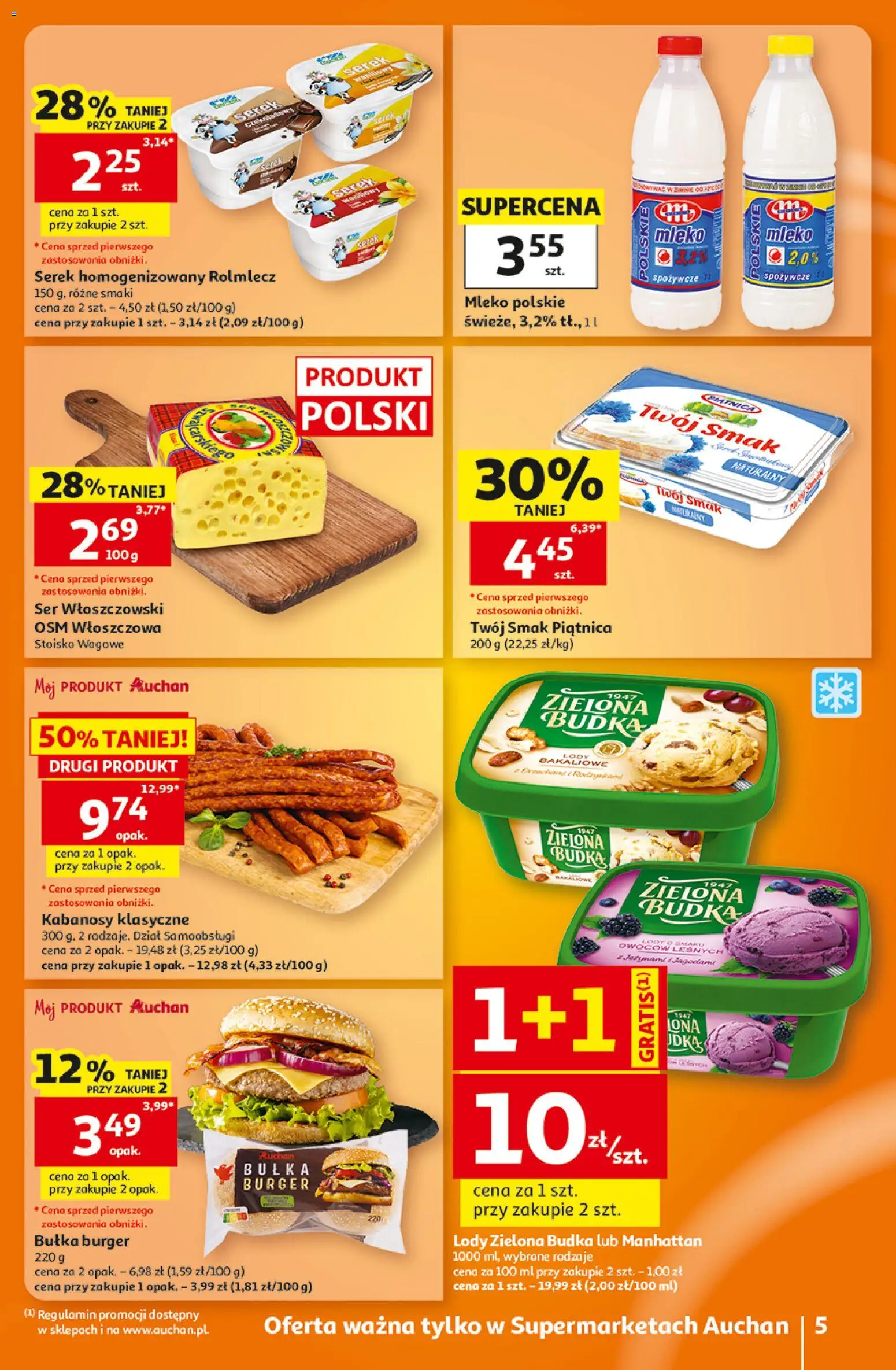 Auchan gazetka od 06.08.2026 | Strona: 5 | Produkty: Serek, Bułka, Mleko, Lody