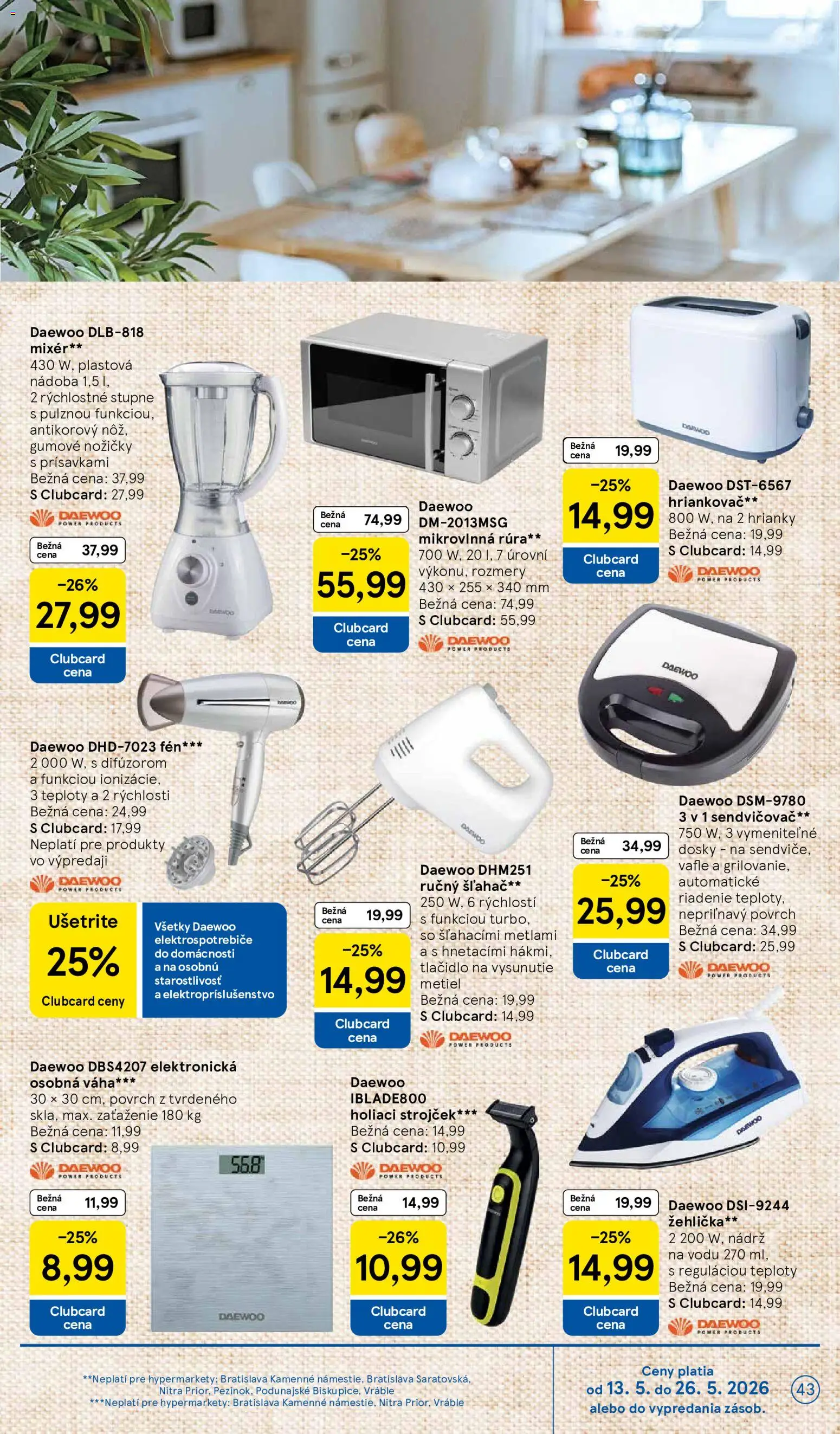 Nové Tesco akcie – leták je platný od 13.05.2026 | Strana: 43 | Produkty: Ručný šľahač, Strojček, Holiaci strojček, Žehlička