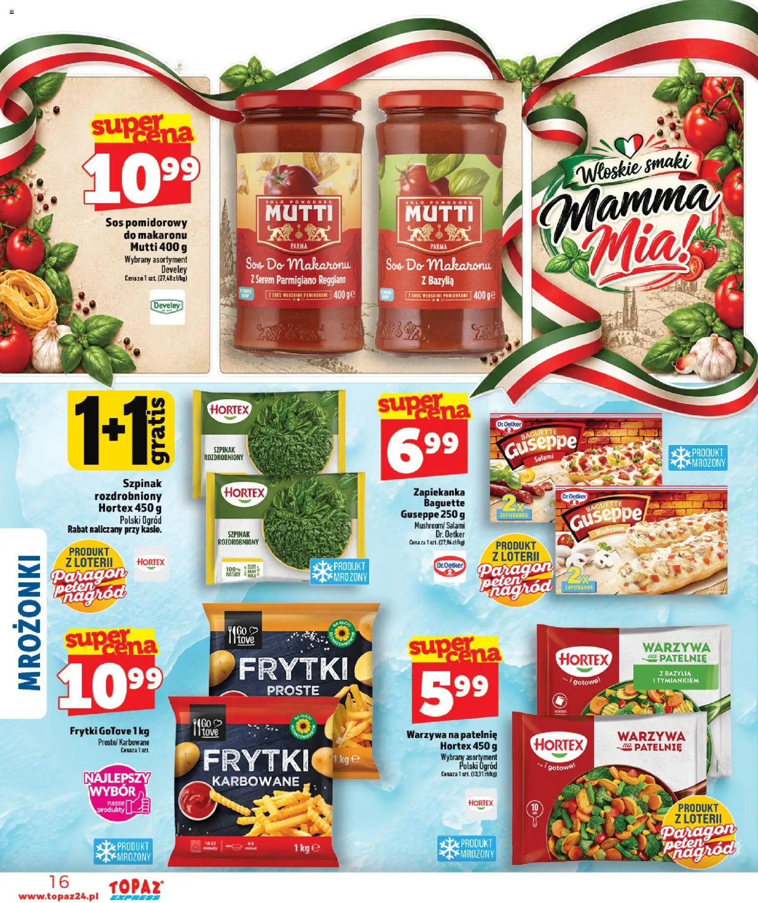 Topaz gazetka - Express od 10.09.2026 | Strona: 16 | Produkty: Szpinak, Salami, Frytki, Sos