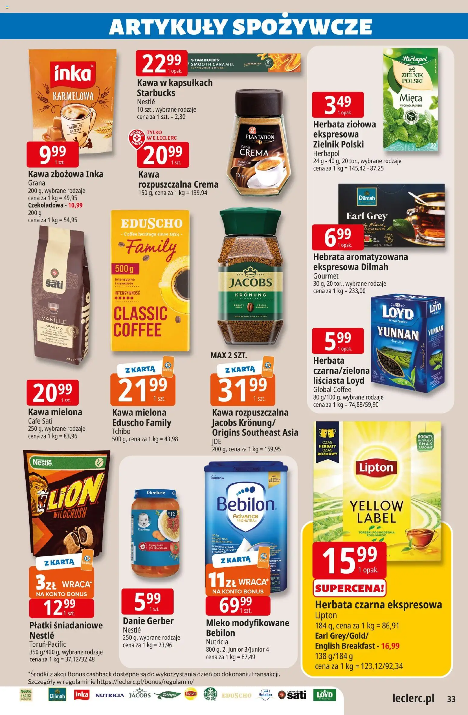 E.Leclerc gazetka - Radom od 10.03.2026 | Strona: 33 | Produkty: Kawa rozpuszczalna, Tchibo, Mleko modyfikowane, Herbata