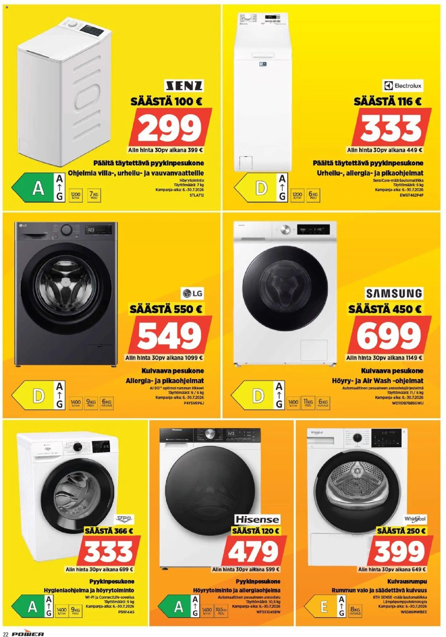 Power tarjoukset – voimassa 20/07/2026 alkaen | Sivu: 22 | Tuotteet: Pesukone, Kuivaava pesukone