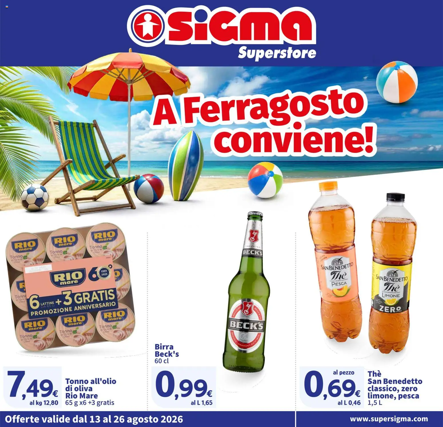 Volantino SIGMA del 13/08/2026 | Pagina: 1 | Prodotti: Birra Beck's, Birra, Olio, Pesca