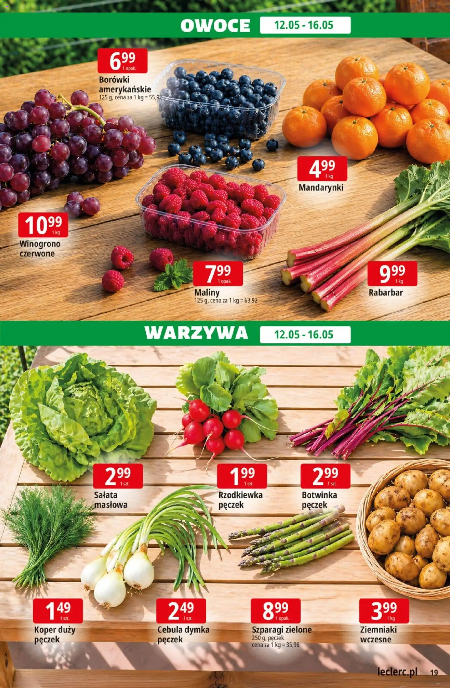 E.Leclerc gazetka od 12.05.2026 | Strona: 19 | Produkty: Maliny, Botwinka, Mandarynki, Ziemniaki