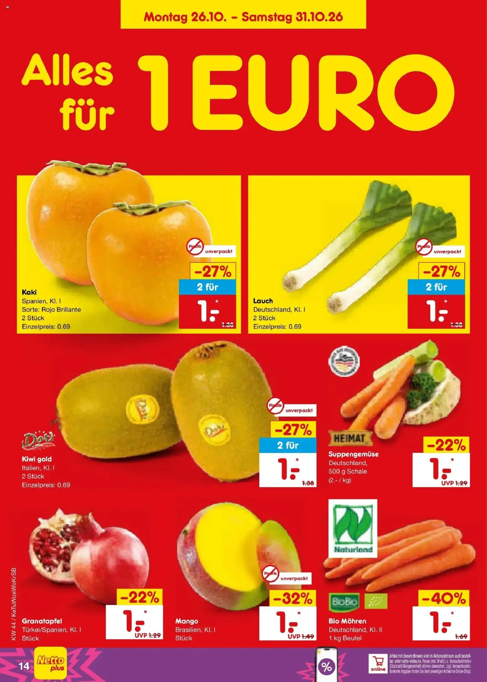 Netto Marken-Discount Prospekt Koblenz – gültig ab 26.10.2026 | Seite: 22 | Produkte: Granatapfel, Mango, Kaki, Lauch