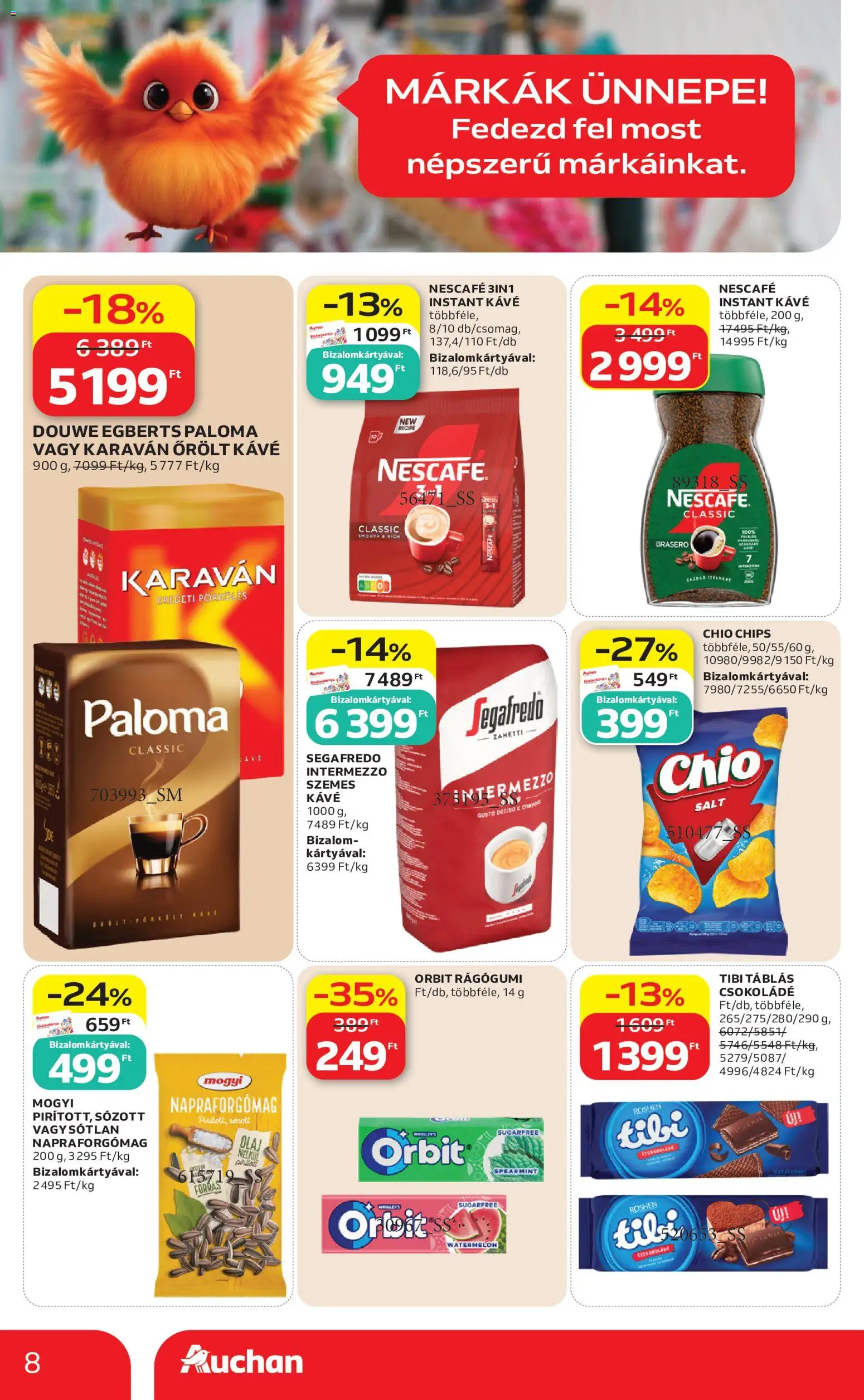 Auchan akciós ujság - amely érvényes a következő dátumtól: 2026.07.23. | Oldal: 8 | Termékek: Napraforgómag, Chips, Kávé, Instant kávé