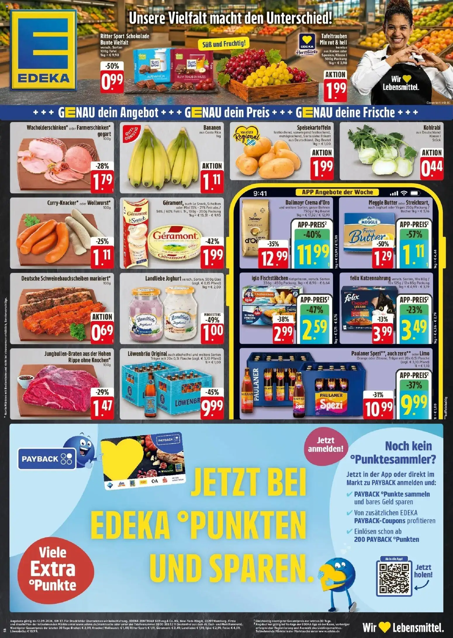 Edeka Prospekt Regensburg (ab 10.09.2026) » Angebote Online | Seite: 1 | Produkte: Trauben, Ritter sport, Fischstabchen, Meggle butter