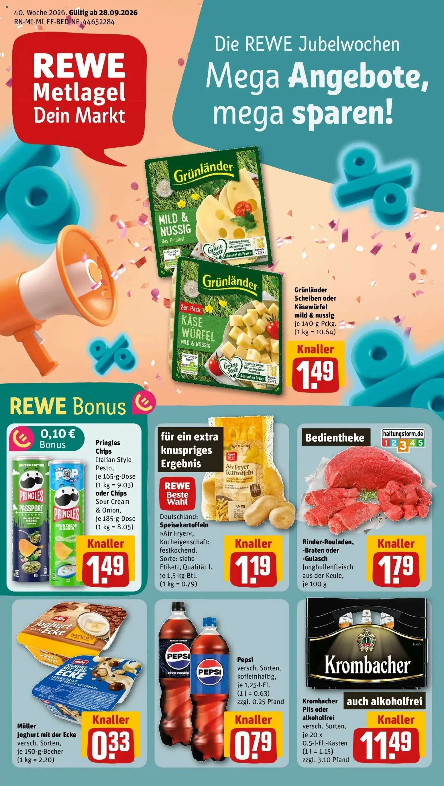 REWE Prospekt ab 28.09.2026 zum Blättern » Angebote | Seite: 1 | Produkte: Krombacher, Pepsi, Pringles, Chips