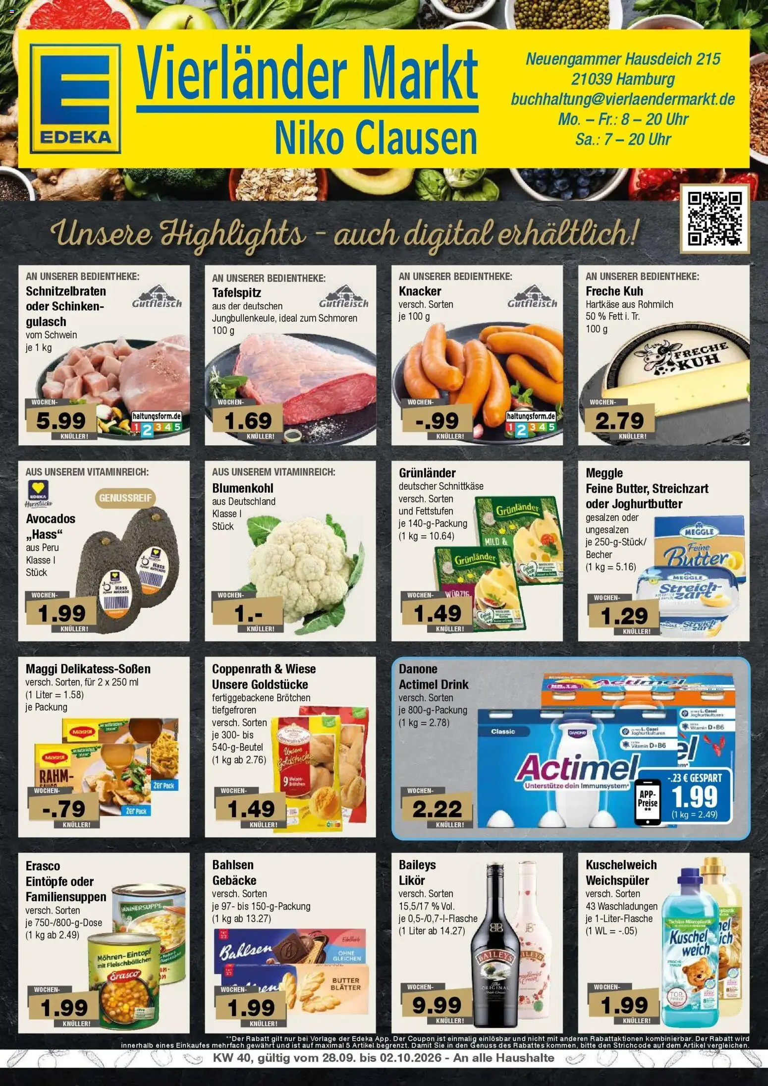 Edeka Prospekt Hamburg (ab 28.09.2026) » Angebote Online | Seite: 1 | Produkte: Actimel, Butter, Gulasch, Erasco