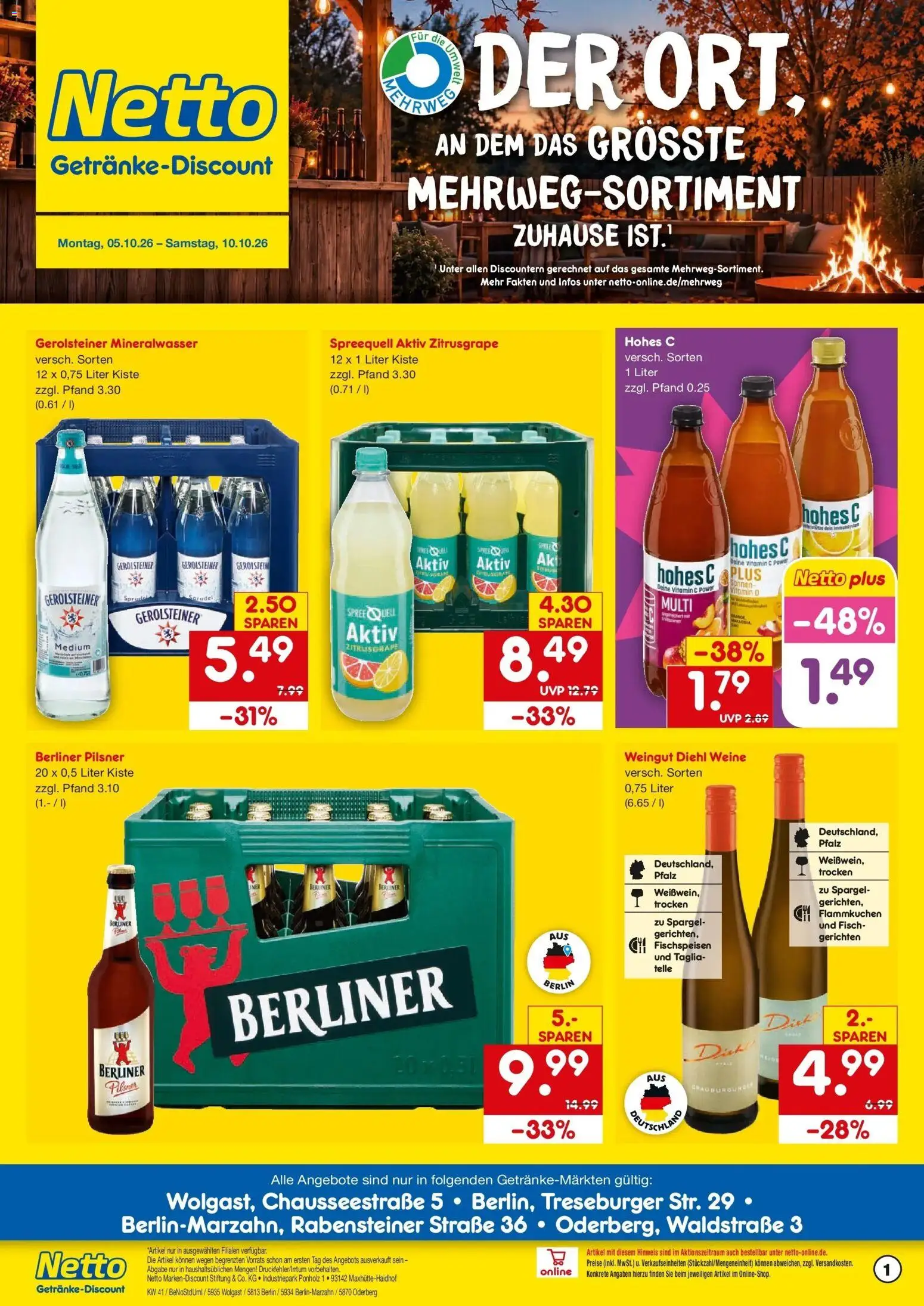 Netto Marken-Discount Prospekt Berlin-Marzahn – gültig ab 05.10.2026 | Seite: 1 | Produkte: Berliner, Mineralwasser, Gerolsteiner, Berliner pilsner