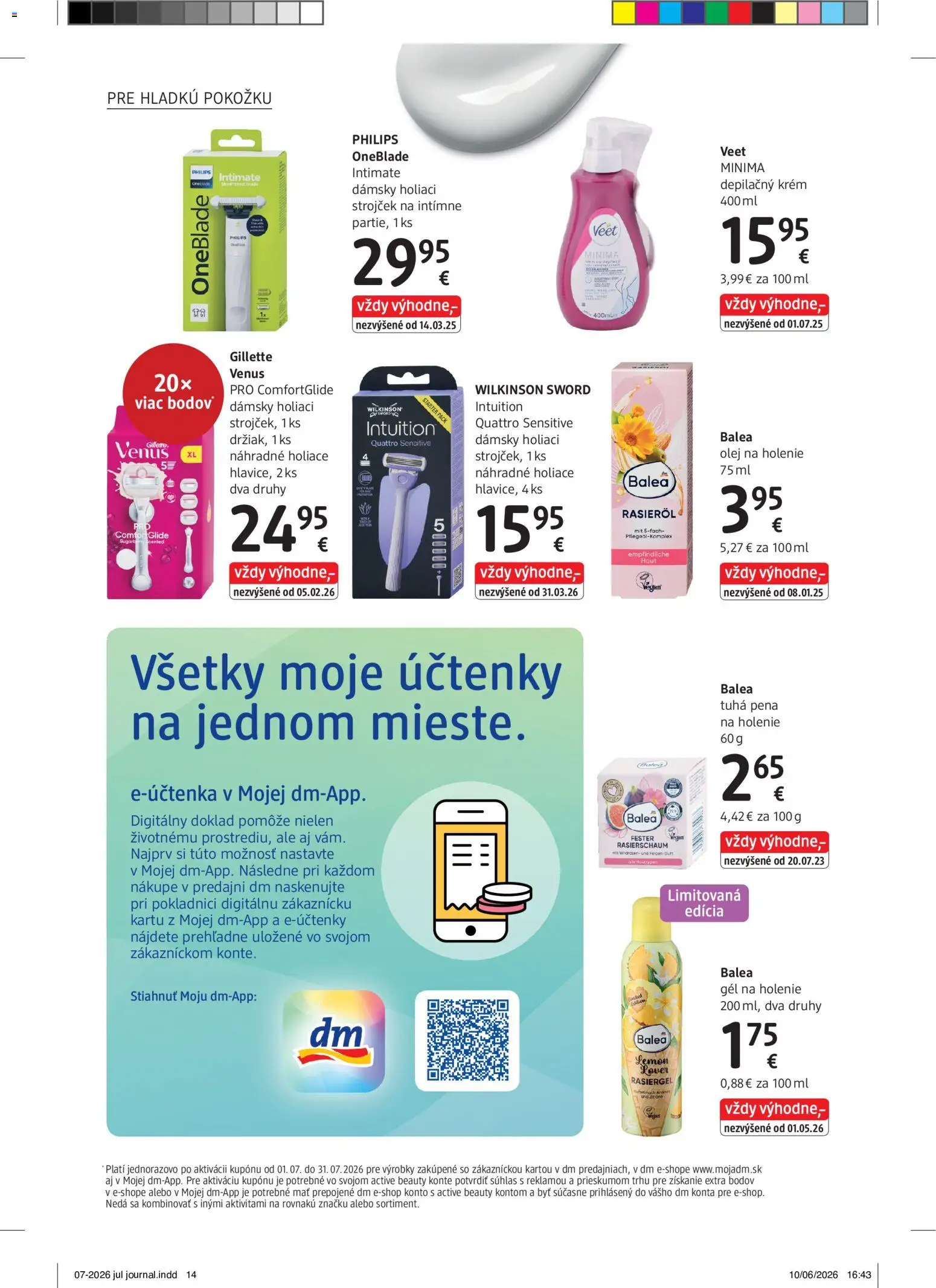Nové dm drogerie akcie – leták je platný od 01.07.2026 | Strana: 14 | Produkty: Strojček, Olej, Pena na holenie, Krém
