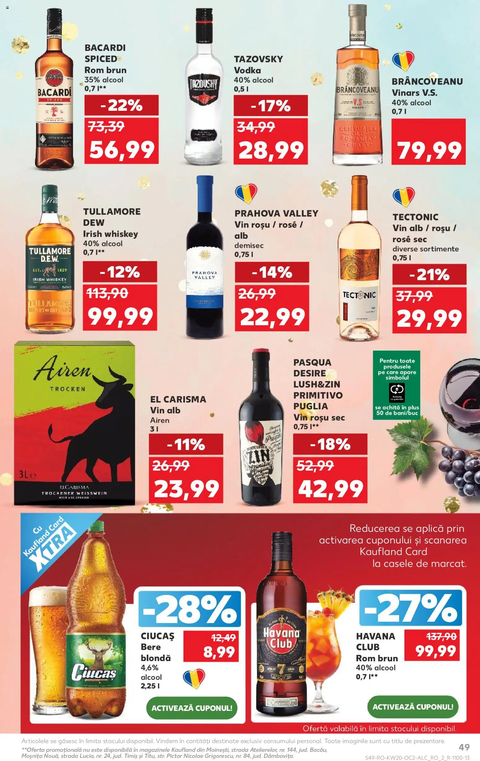 Kaufland RO akciós ujság - amely érvényes a következő dátumtól: 13.05.2026 | Oldal: 49 | Termékek: Whiskey, Irish whiskey, Bacardi, Vodka