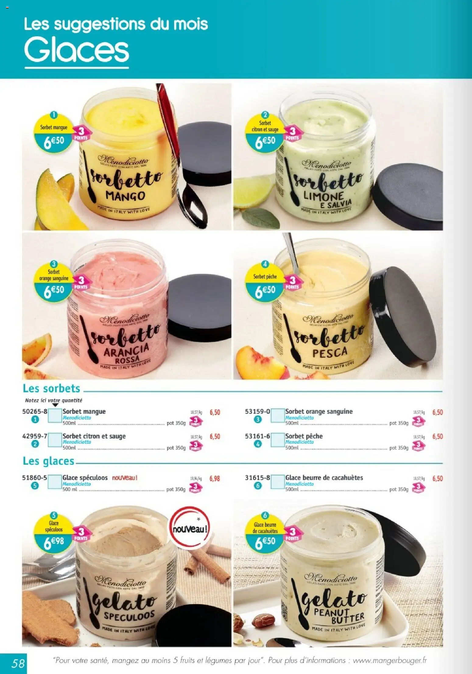 {H1} | Page: 58 | Produits: Citron, Mangue, Orange, Beurre de cacahuètes