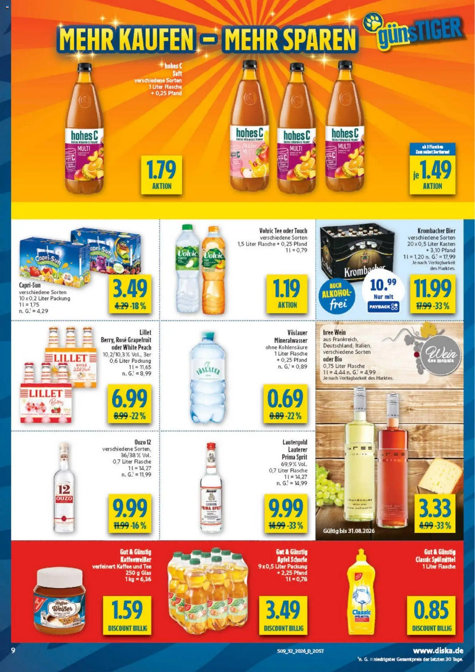 Diska Prospekt – gültig ab 03.08.2026 | Seite: 9 | Produkte: Mineralwasser, Lillet, Wein, Volvic