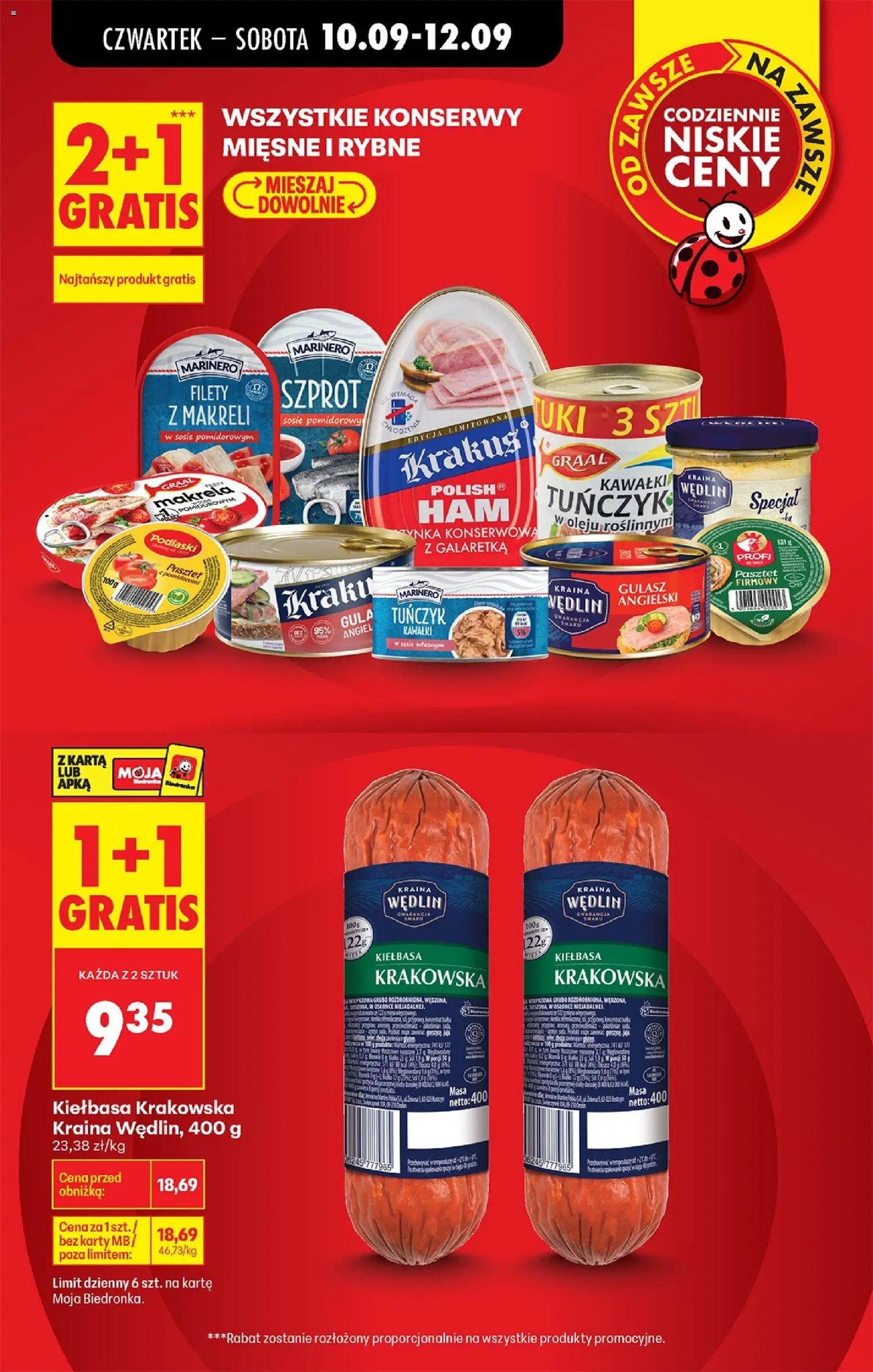 Biedronka gazetka od czwartku od 10.09.2026 | Strona: 11 | Produkty: Galaretka, Tuńczyk w oleju, Kiełbasa krakowska, Filety z makreli w sosie pomidorowym