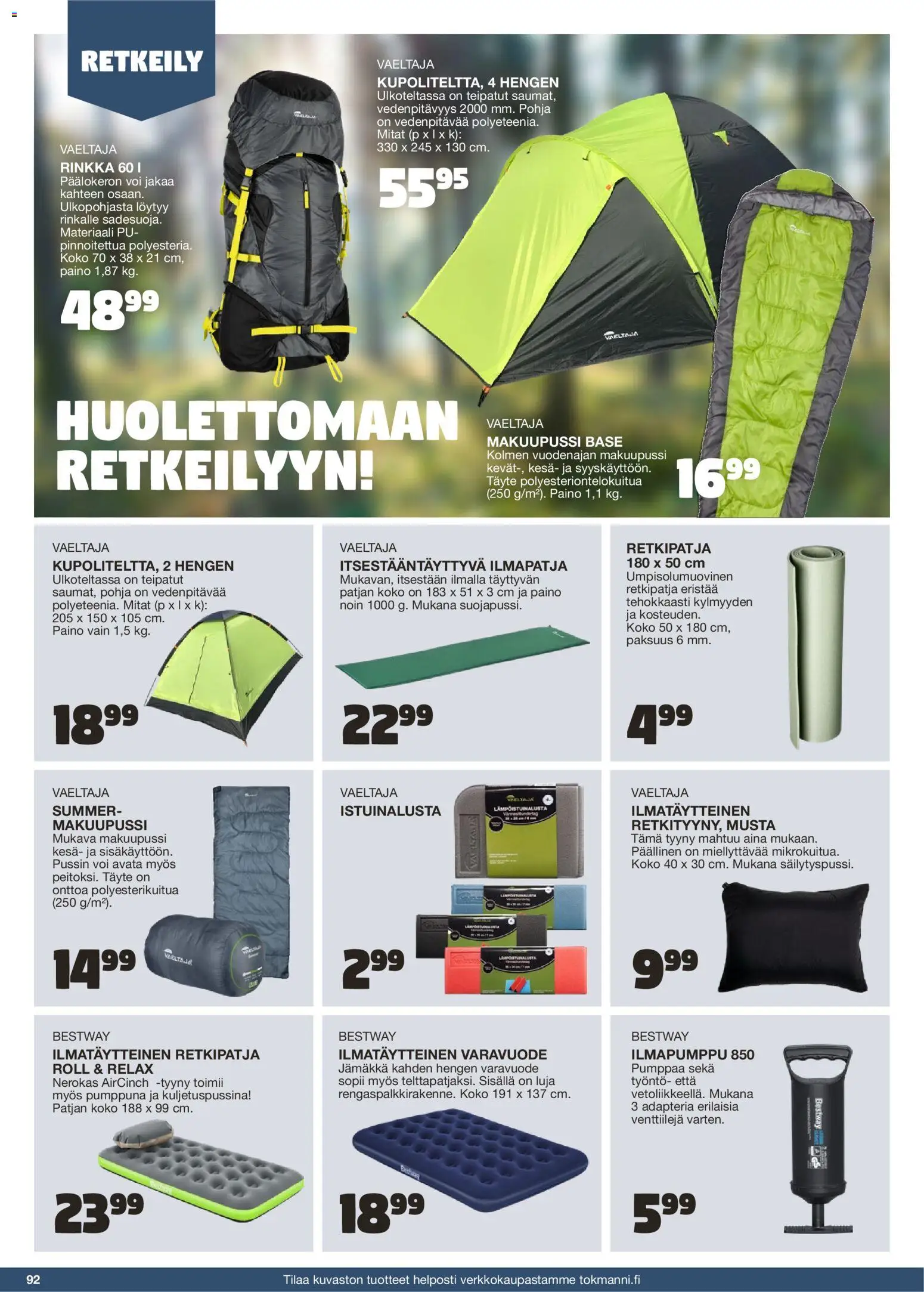 Tokmanni - Kesä 2026 – voimassa 02.04.2026 alkaen | Sivu: 92 | Tuotteet: Ilmapatja, Makuupussi, Rinkka, Tyyny