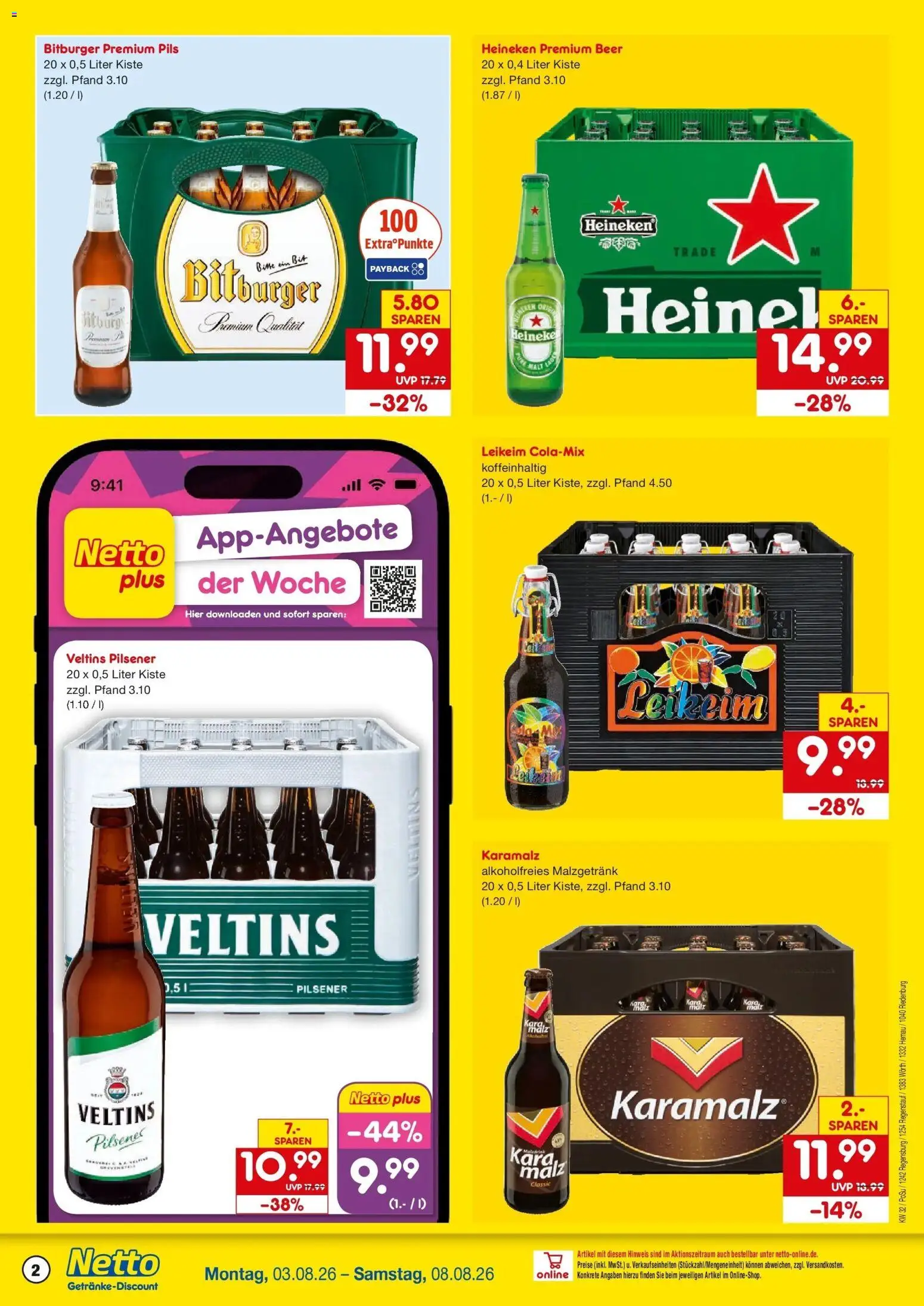 Netto Marken-Discount Prospekt Regensburg – gültig ab 03.08.2026 | Seite: 2 | Produkte: Bitburger, Pils, Heineken, Veltins