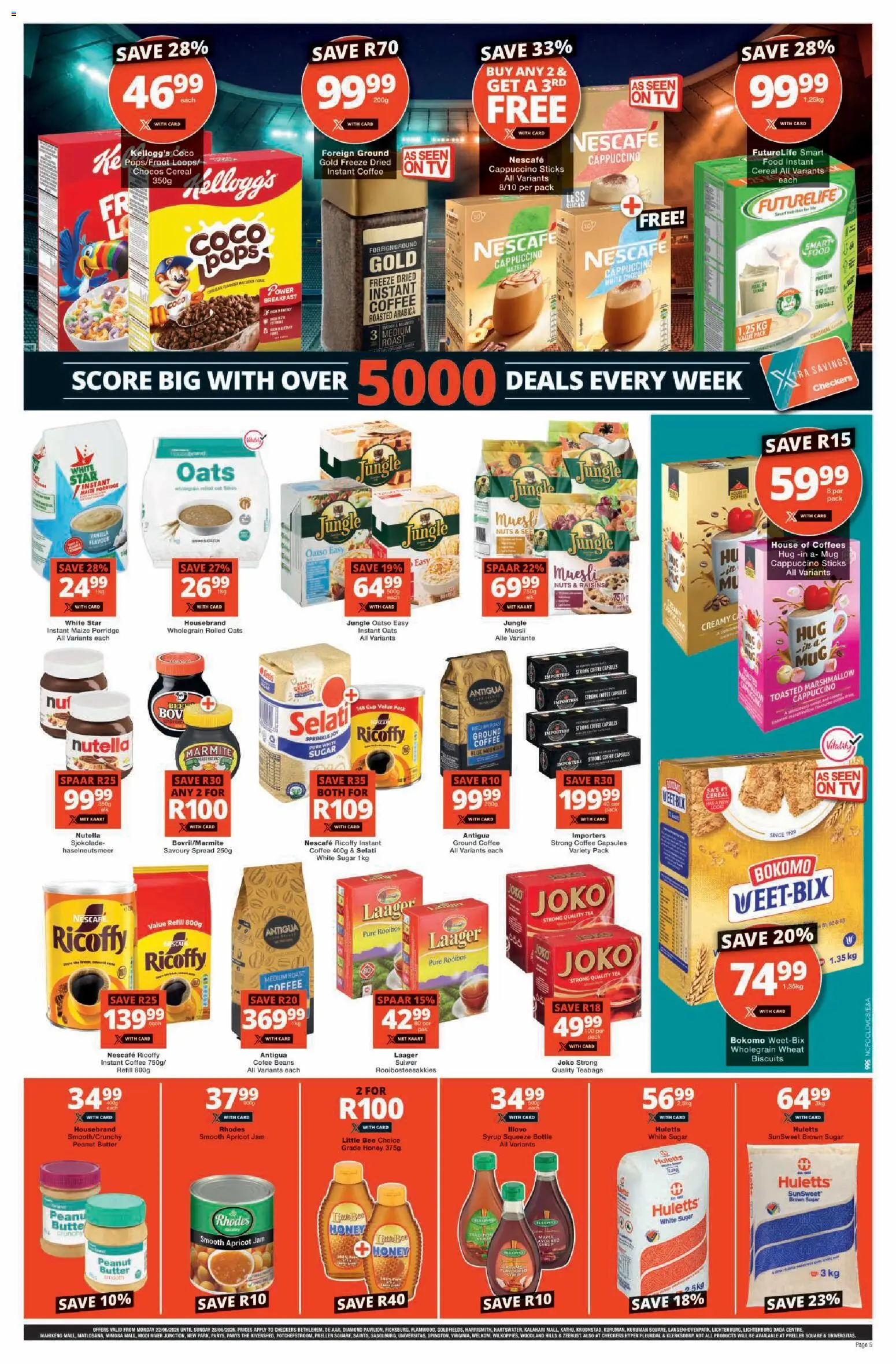 New Checkers catalogue – valid from 22/06/2026 | Page: 5 | Products: Jam, Detergente líquido, Biscuits, Raisins