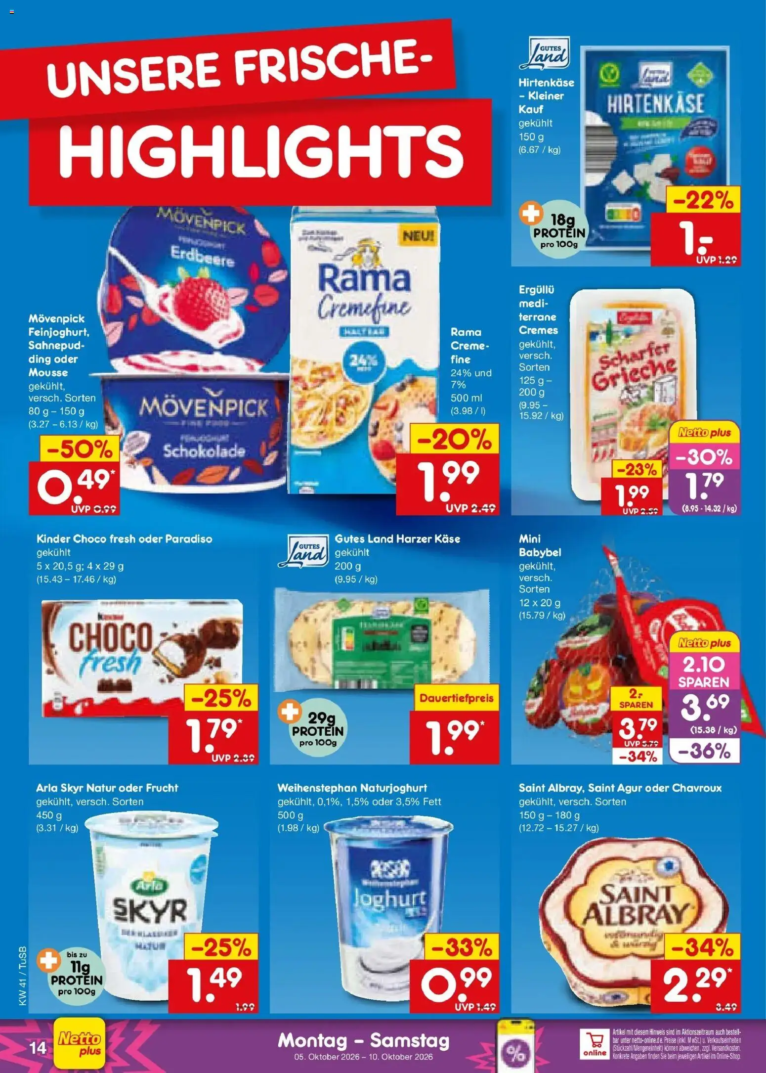 Netto Marken-Discount Prospekt Sindelfingen – gültig ab 05.10.2026 | Seite: 14 | Produkte: Käse, Schokolade, Skyr, Arla skyr